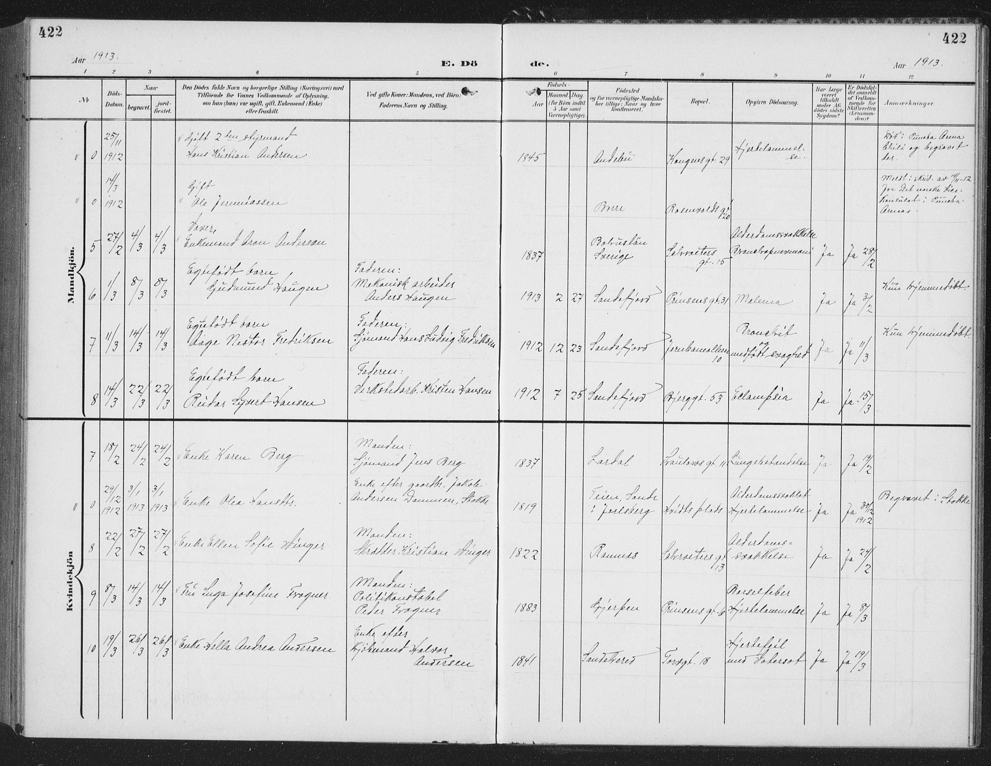 Sandefjord kirkebøker, SAKO/A-315/G/Ga/L0003: Parish register (copy) no. 3, 1903-1920, p. 422