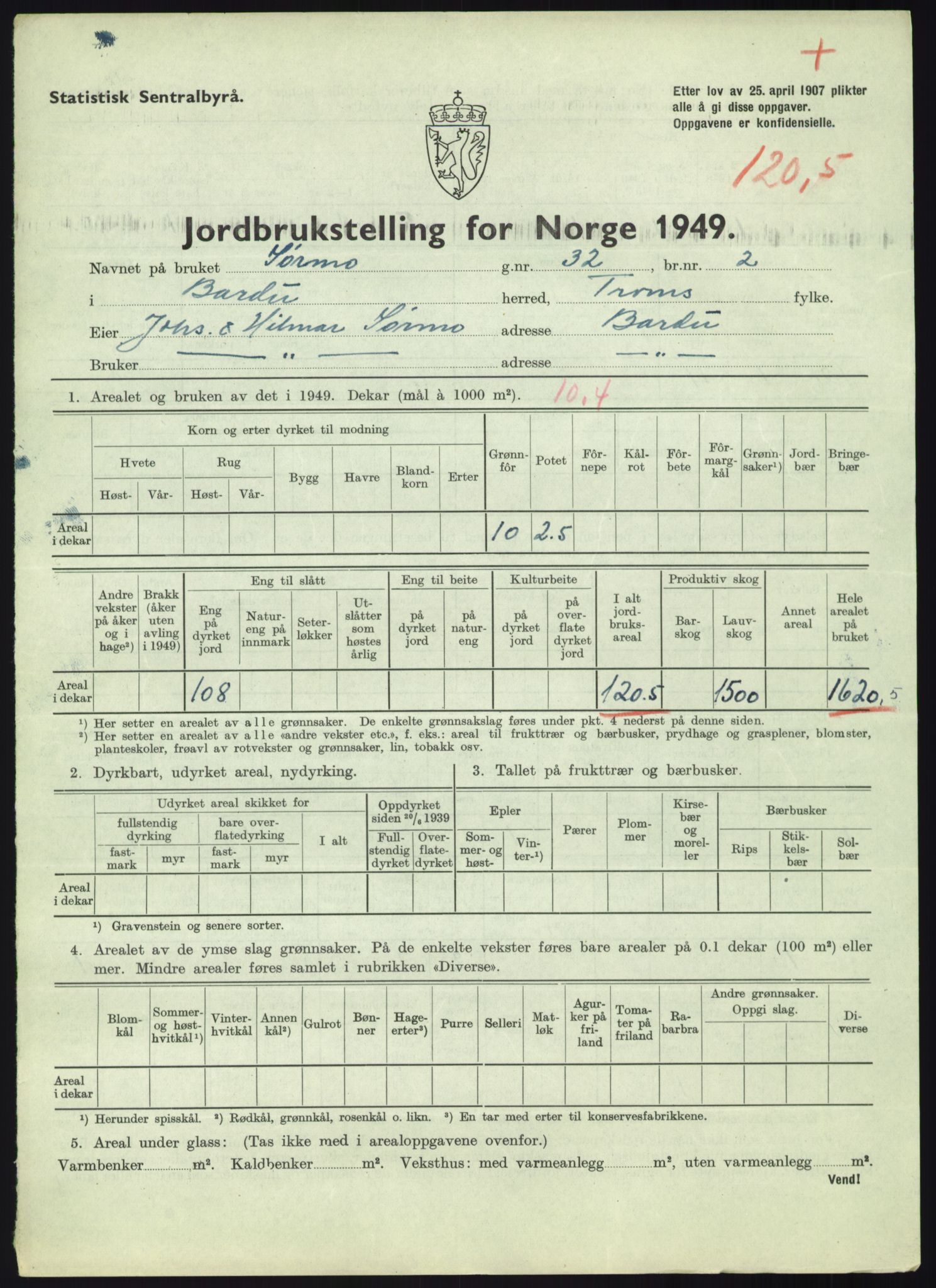 Statistisk sentralbyrå, Næringsøkonomiske emner, Jordbruk, skogbruk, jakt, fiske og fangst, AV/RA-S-2234/G/Gc/L0438: Troms: Salangen og Bardu, 1949, p. 1540