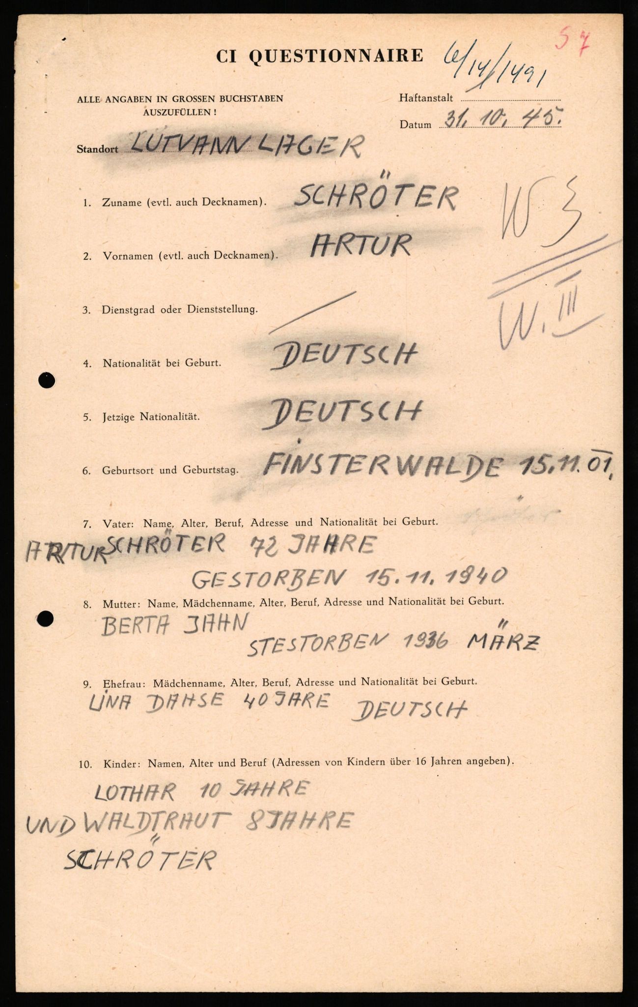 Forsvaret, Forsvarets overkommando II, AV/RA-RAFA-3915/D/Db/L0030: CI Questionaires. Tyske okkupasjonsstyrker i Norge. Tyskere., 1945-1946, p. 288