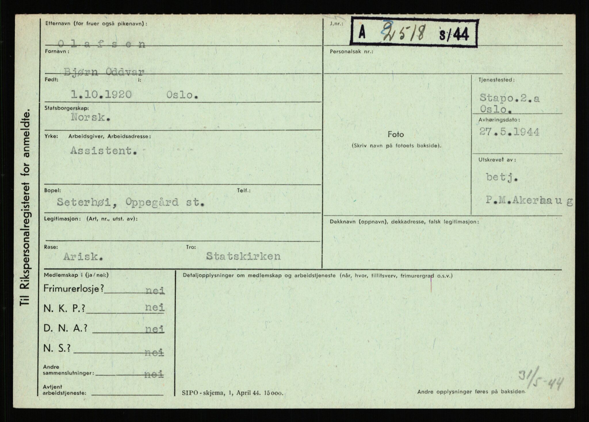 Statspolitiet - Hovedkontoret / Osloavdelingen, AV/RA-S-1329/C/Ca/L0012: Oanæs - Quistgaard	, 1943-1945, p. 181