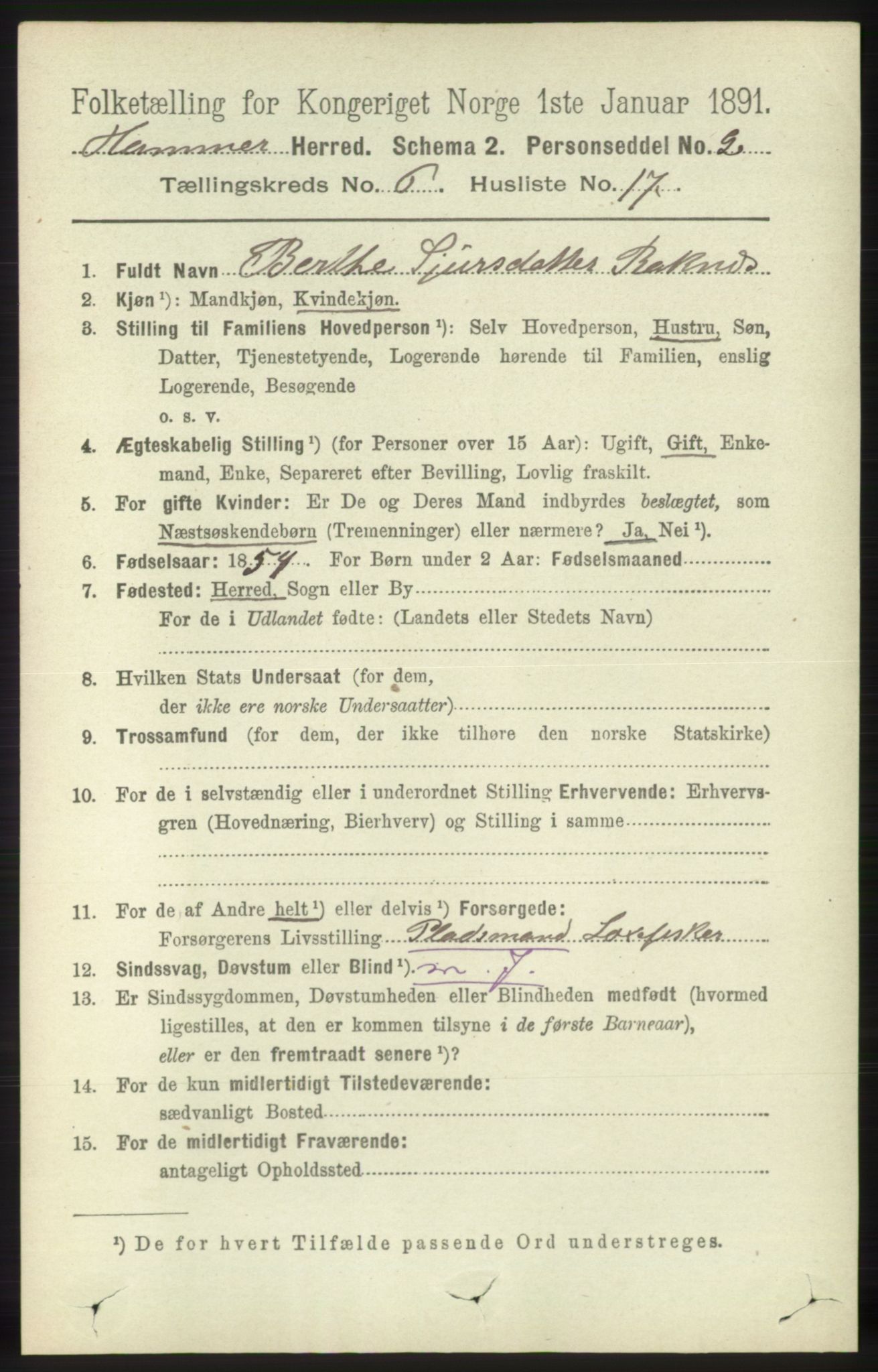 RA, 1891 census for 1254 Hamre, 1891, p. 1640