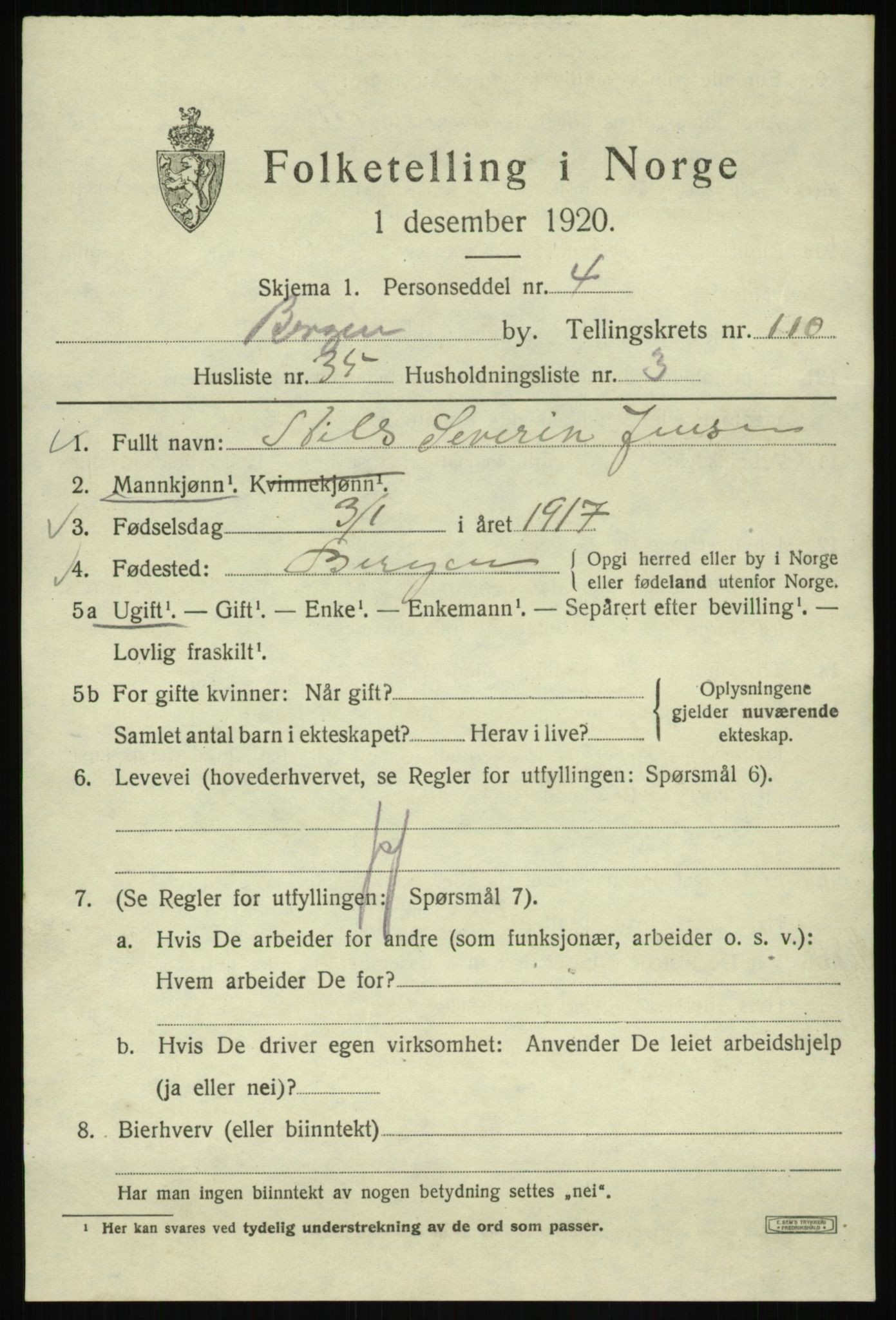 SAB, 1920 census for Bergen, 1920, p. 190558