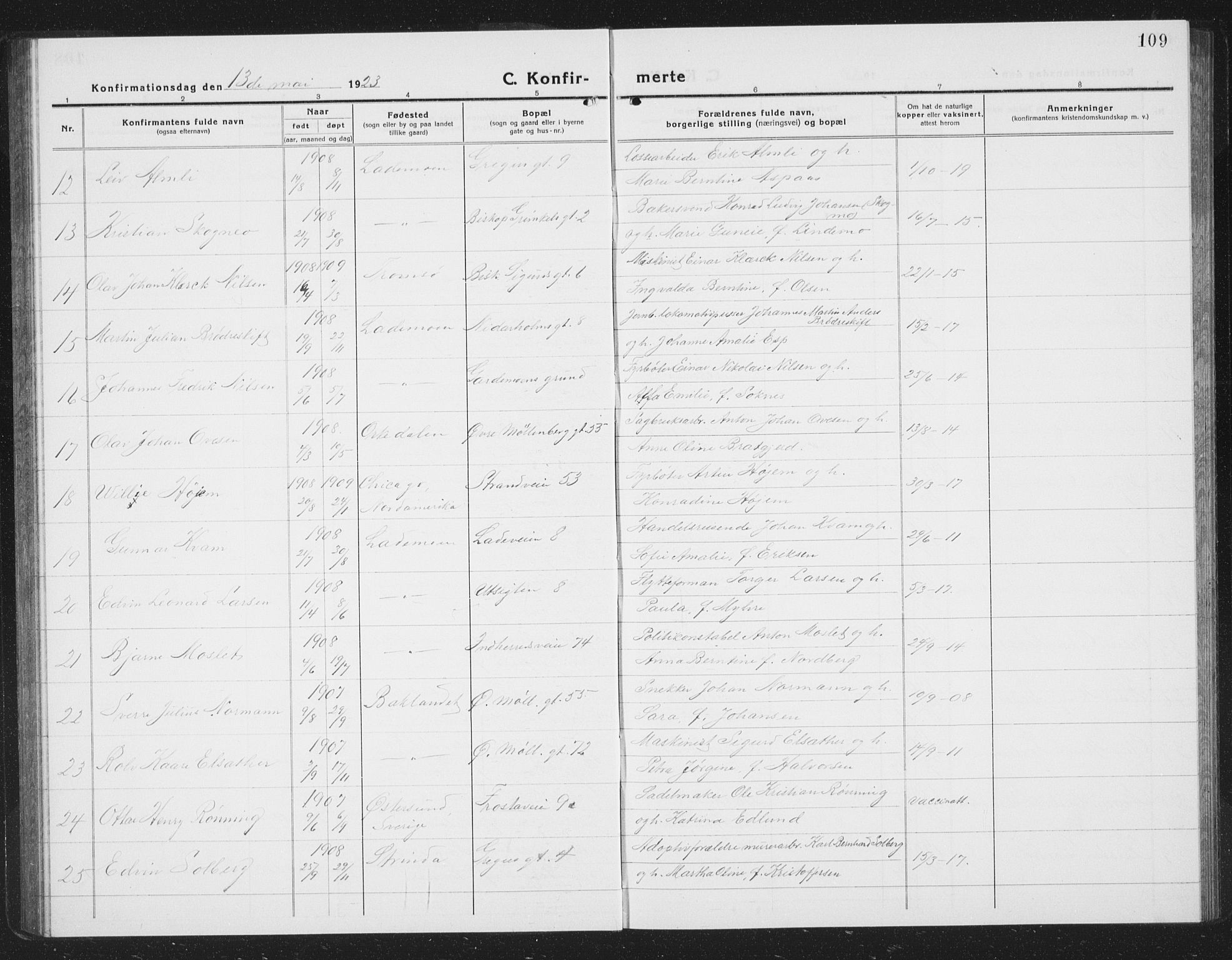 Ministerialprotokoller, klokkerbøker og fødselsregistre - Sør-Trøndelag, SAT/A-1456/605/L0258: Parish register (copy) no. 605C05, 1918-1930, p. 109