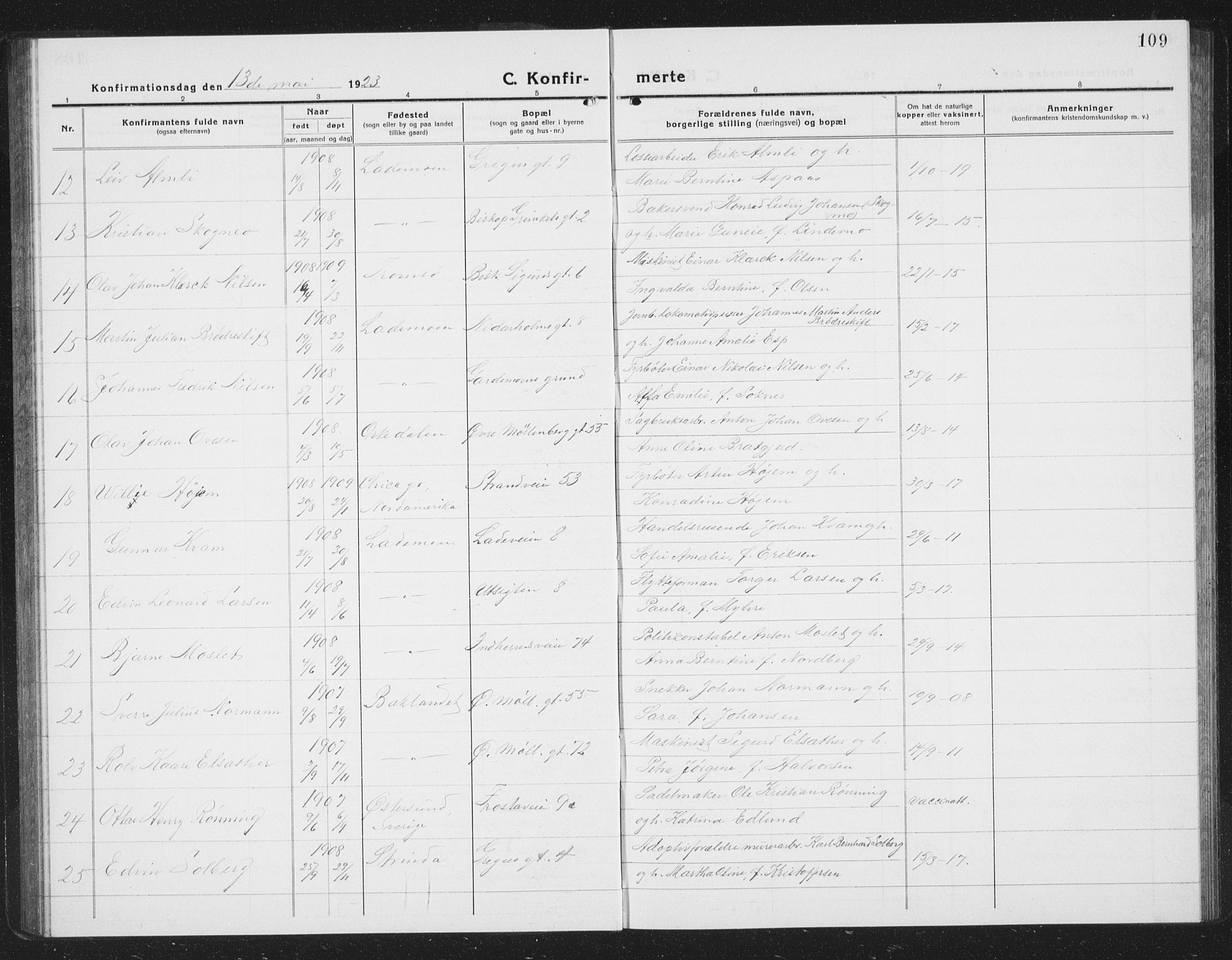 Ministerialprotokoller, klokkerbøker og fødselsregistre - Sør-Trøndelag, AV/SAT-A-1456/605/L0258: Parish register (copy) no. 605C05, 1918-1930, p. 109