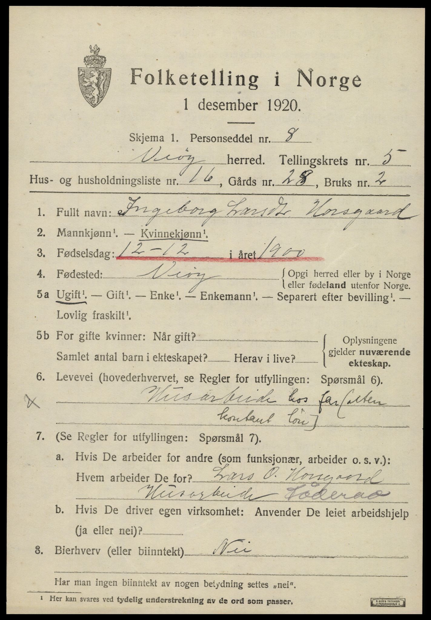 SAT, 1920 census for Veøy, 1920, p. 2525