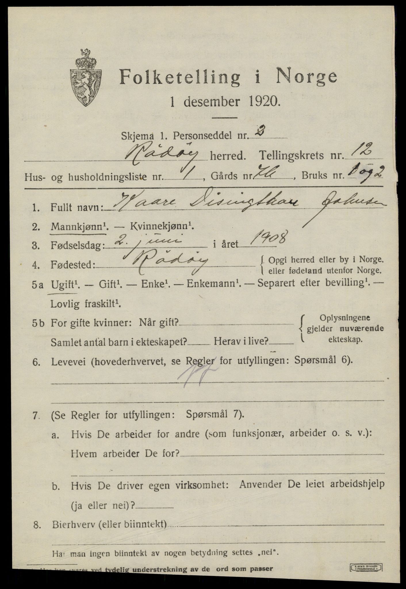 SAT, 1920 census for Rødøy, 1920, p. 6498