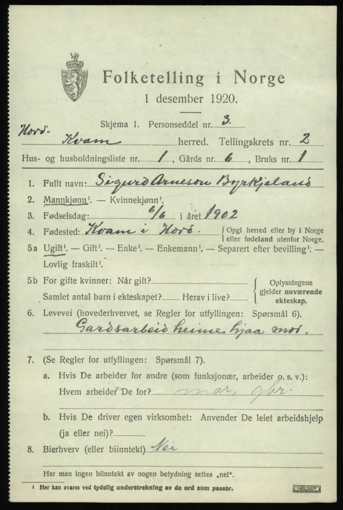 SAB, 1920 census for Kvam, 1920, p. 1791