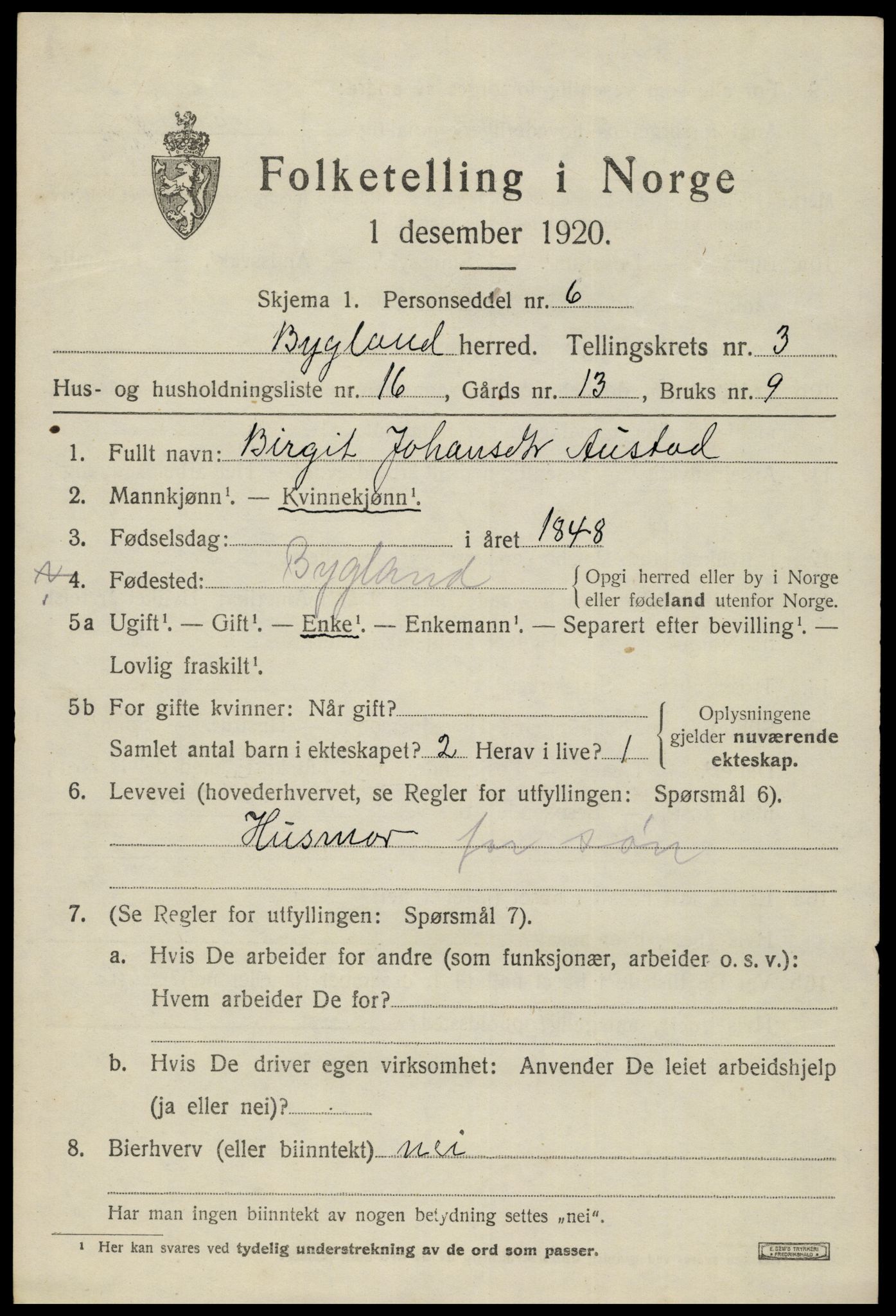 SAK, 1920 census for Bygland, 1920, p. 1679