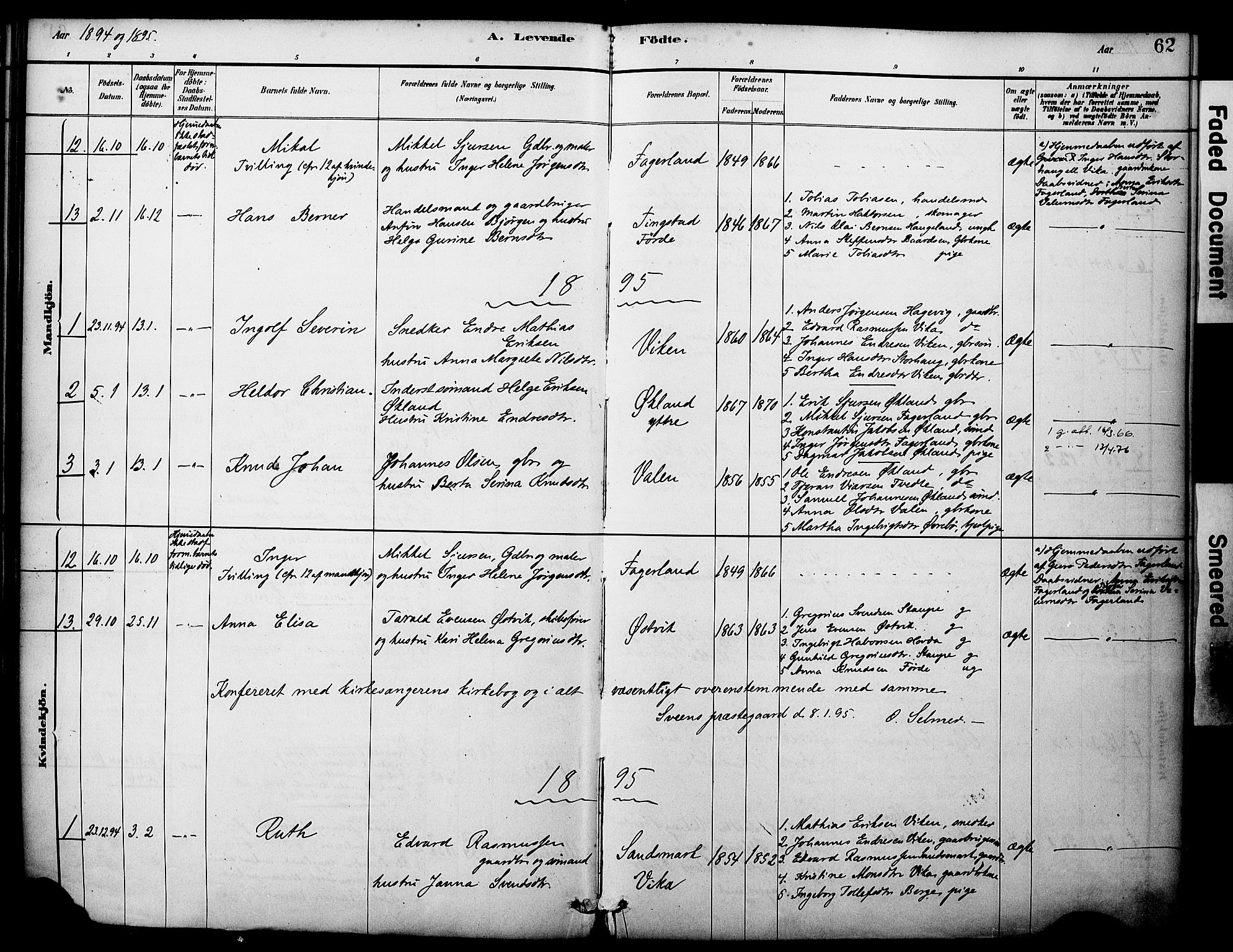 Sveio Sokneprestembete, SAB/A-78501/H/Haa: Parish register (official) no. C 2, 1881-1899, p. 62