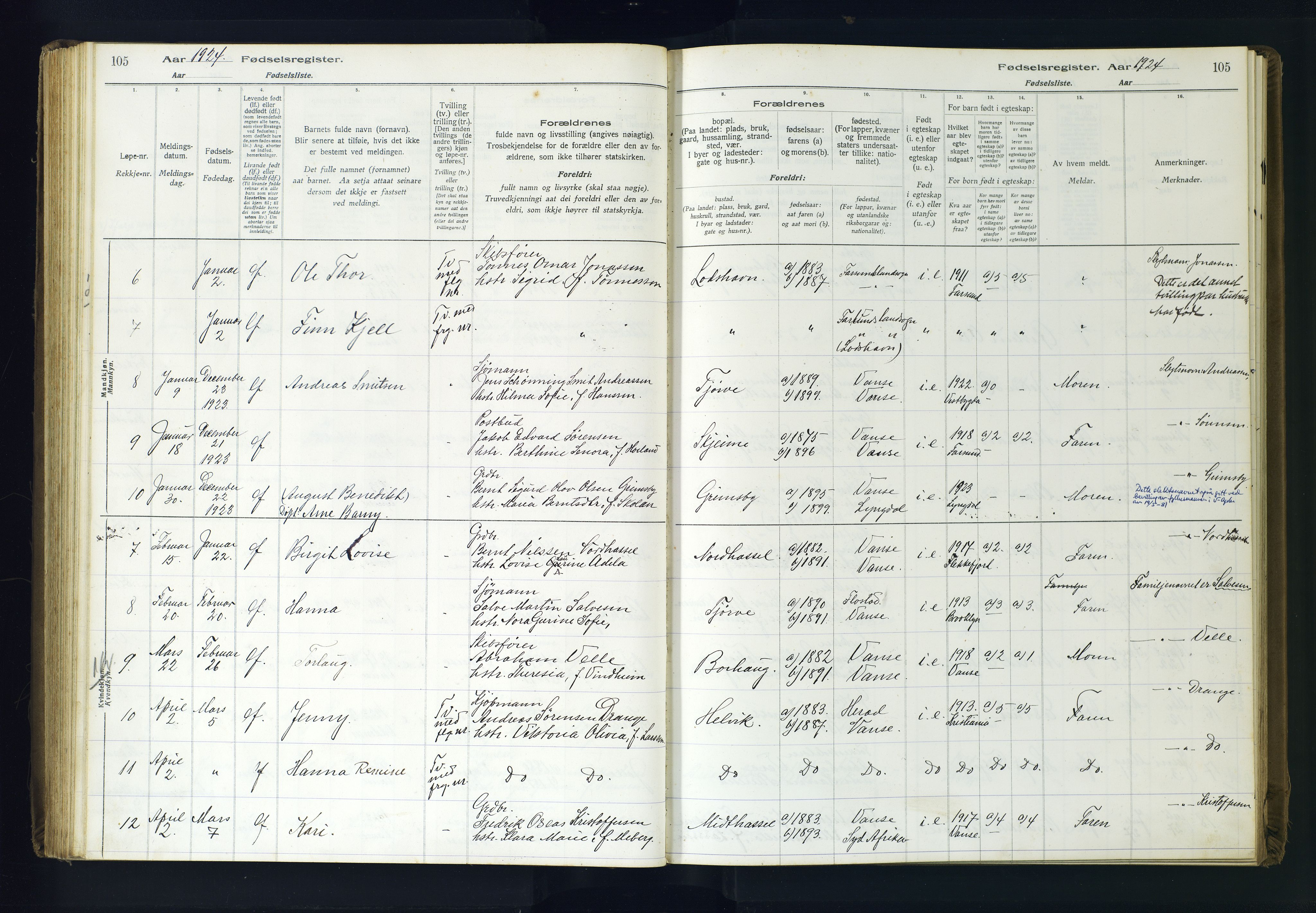 Lista sokneprestkontor, SAK/1111-0027/J/Ja/L0001: Birth register no. A-VI-30, 1916-1934, p. 105