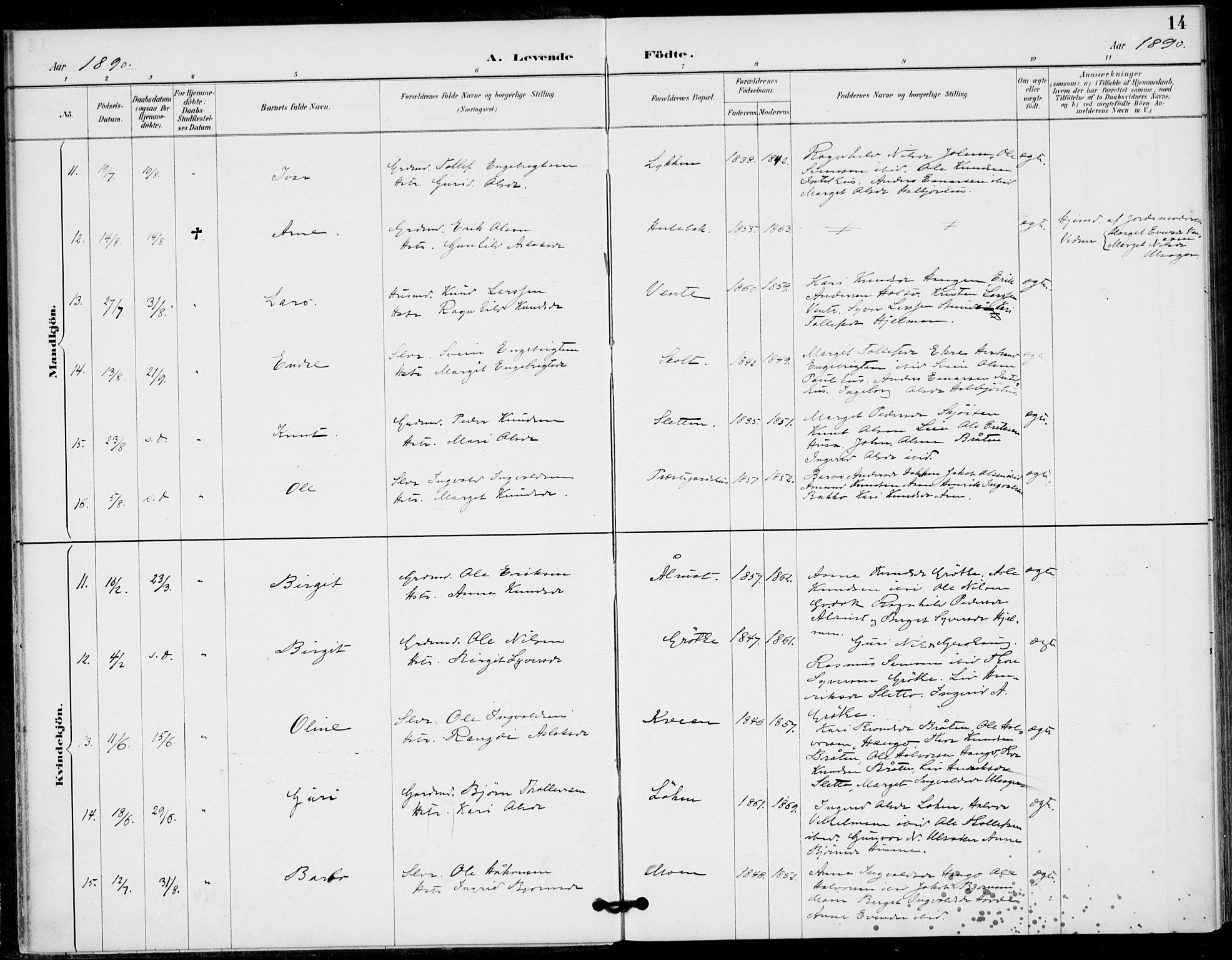 Gol kirkebøker, AV/SAKO-A-226/F/Fb/L0001: Parish register (official) no. II 1, 1887-1900, p. 14