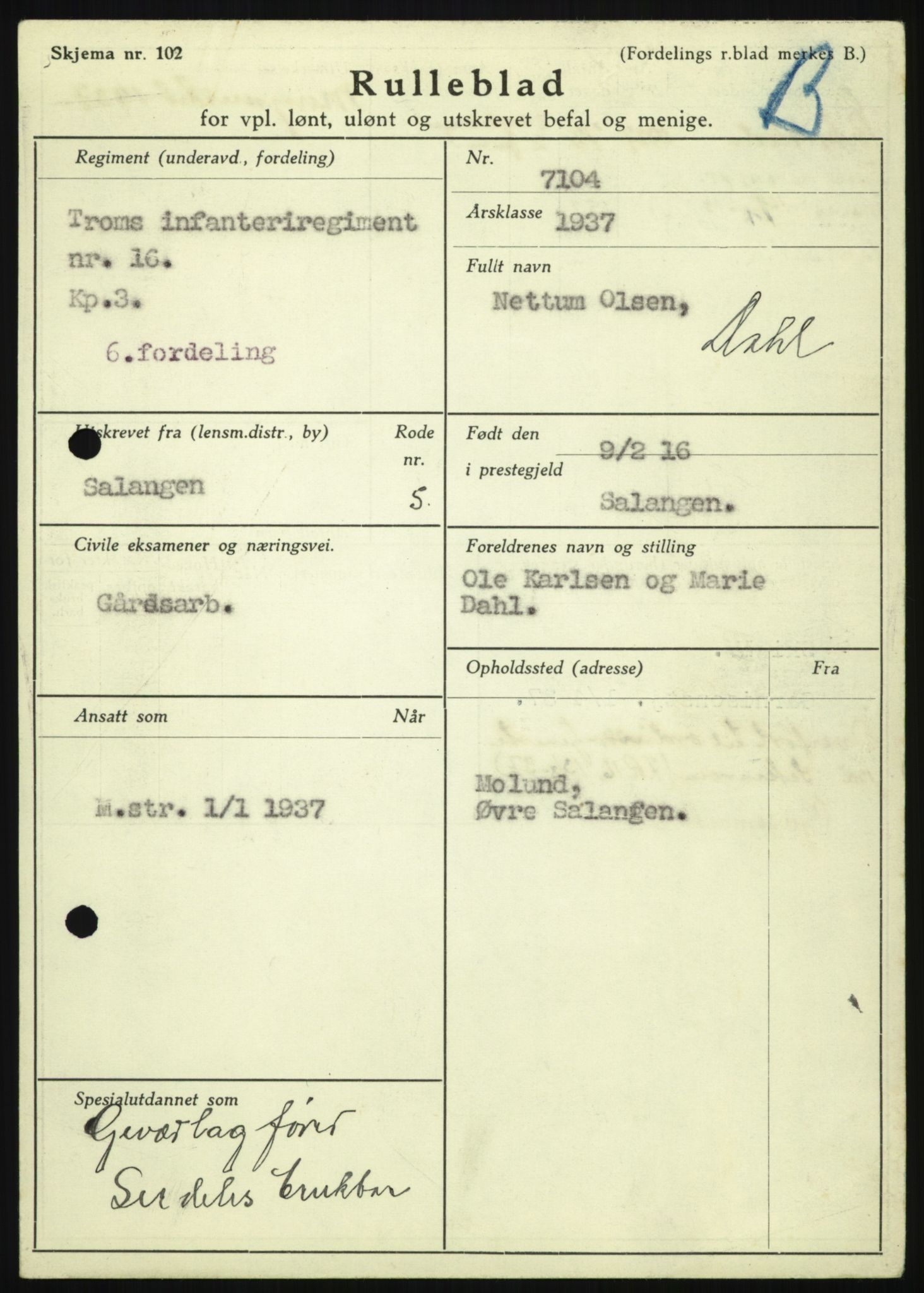 Forsvaret, Troms infanteriregiment nr. 16, AV/RA-RAFA-3146/P/Pa/L0021: Rulleblad for regimentets menige mannskaper, årsklasse 1937, 1937, p. 117