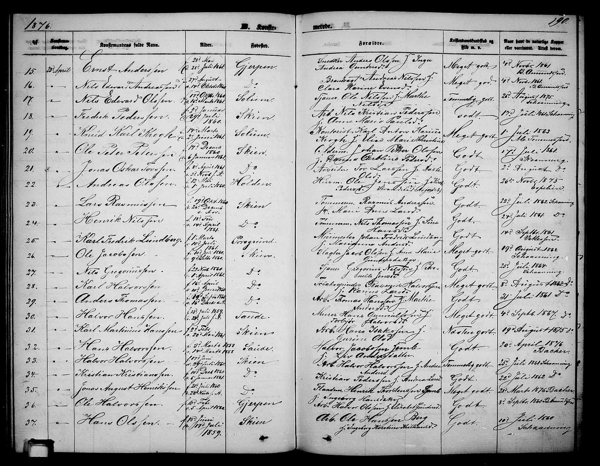 Skien kirkebøker, SAKO/A-302/G/Ga/L0005: Parish register (copy) no. 5, 1868-1880, p. 190