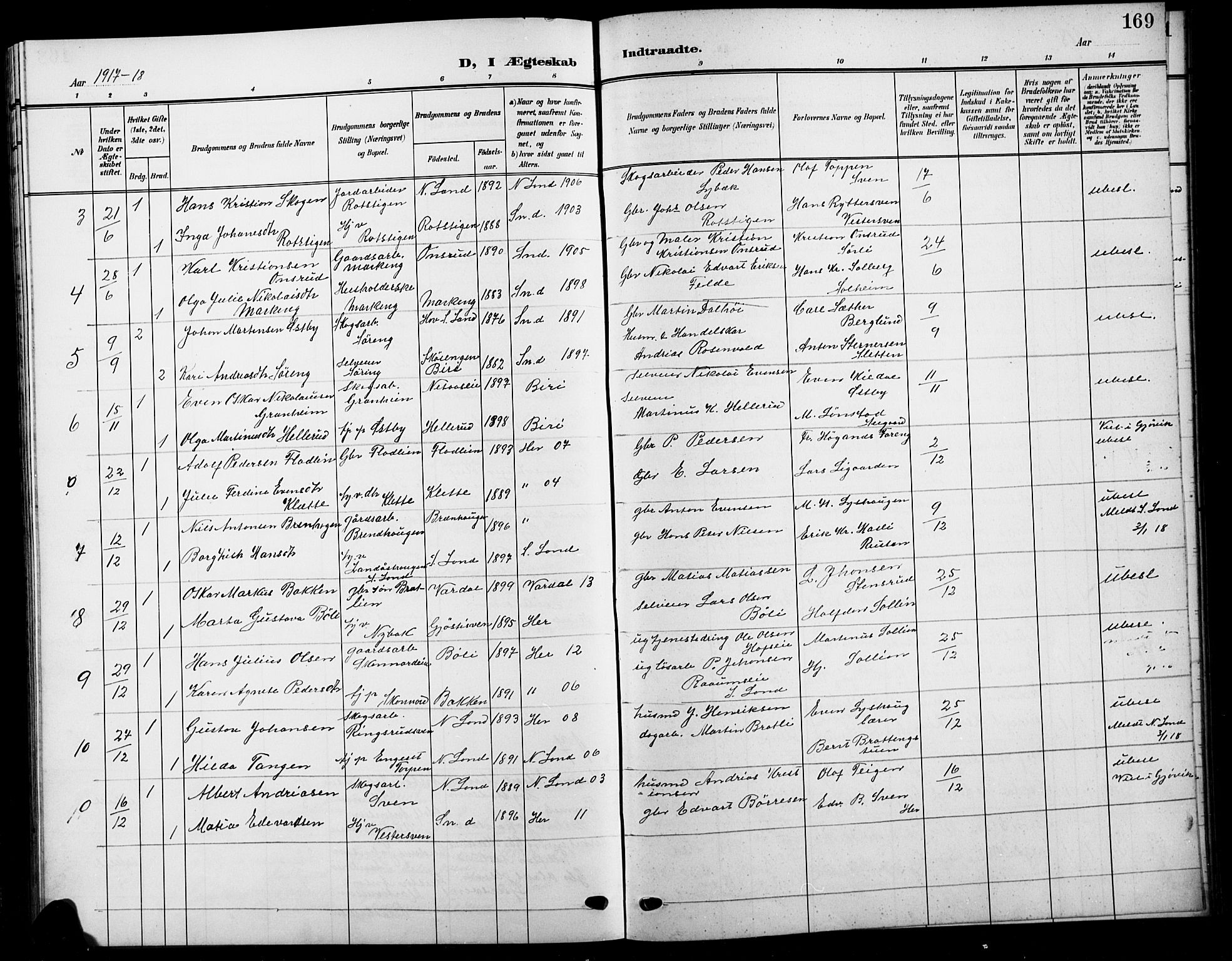 Biri prestekontor, SAH/PREST-096/H/Ha/Hab/L0005: Parish register (copy) no. 5, 1906-1919, p. 169