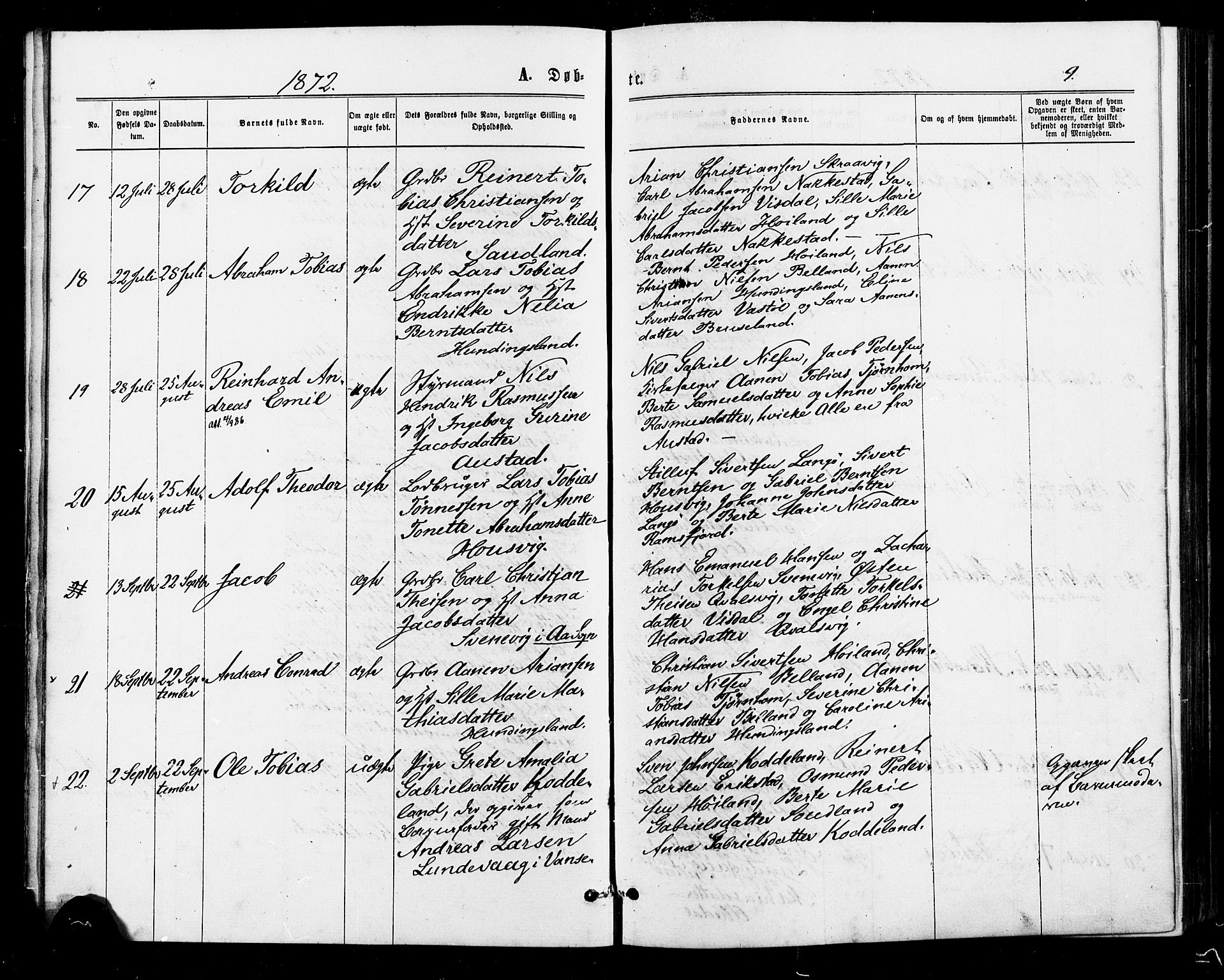 Lyngdal sokneprestkontor, AV/SAK-1111-0029/F/Fa/Faa/L0003: Parish register (official) no. A 3, 1871-1882, p. 9