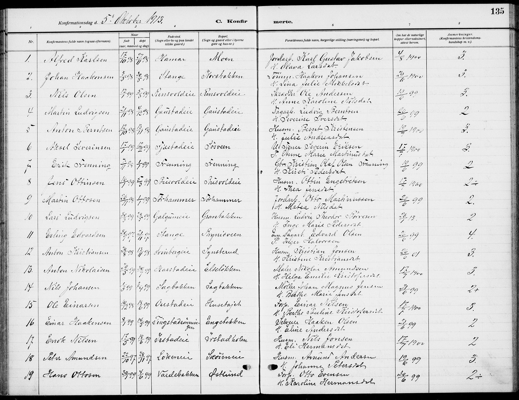 Romedal prestekontor, AV/SAH-PREST-004/K/L0012: Parish register (official) no. 12, 1913-1935, p. 135