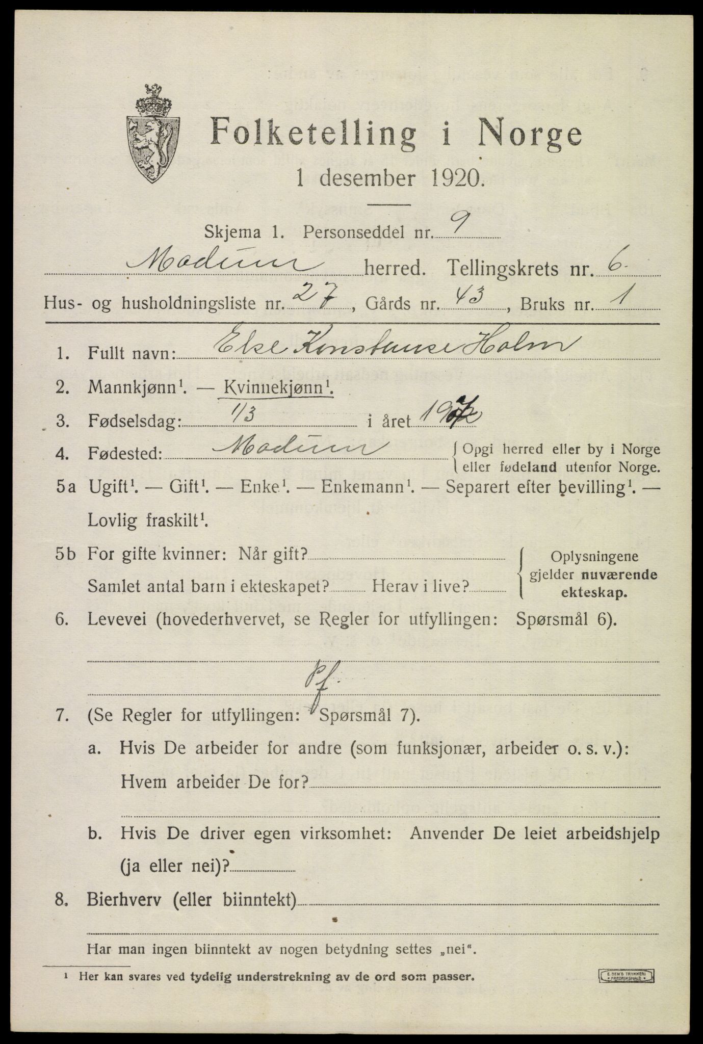 SAKO, 1920 census for Modum, 1920, p. 8991