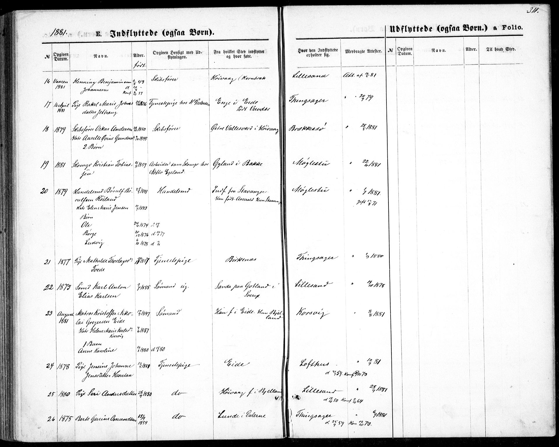 Vestre Moland sokneprestkontor, AV/SAK-1111-0046/F/Fb/Fbb/L0005: Parish register (copy) no. B 5, 1872-1883, p. 311