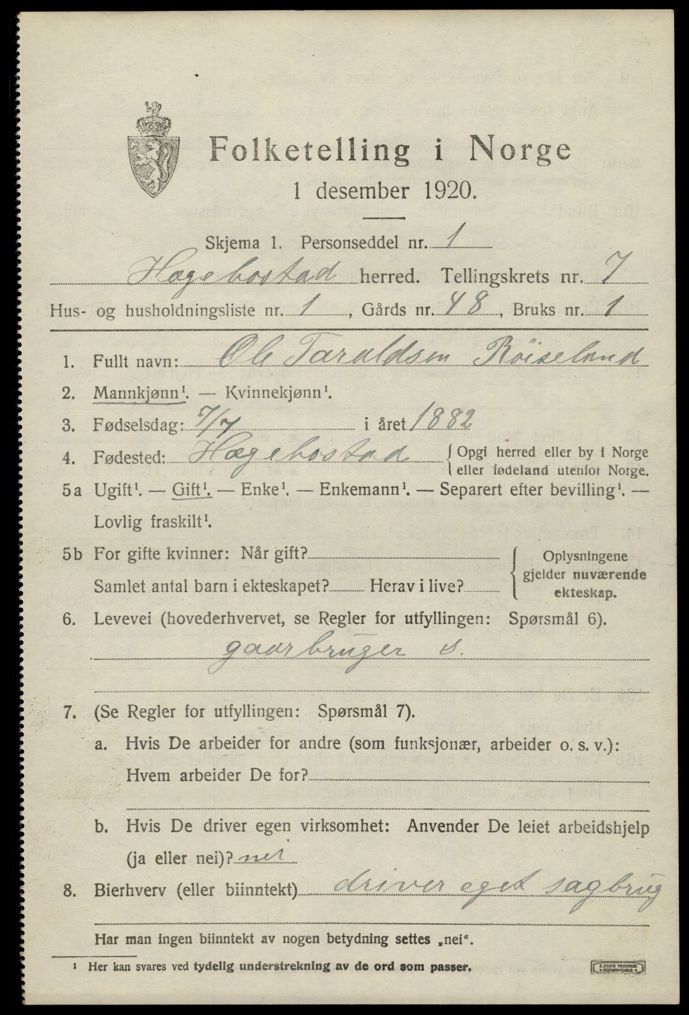 SAK, 1920 census for Hægebostad, 1920, p. 2109