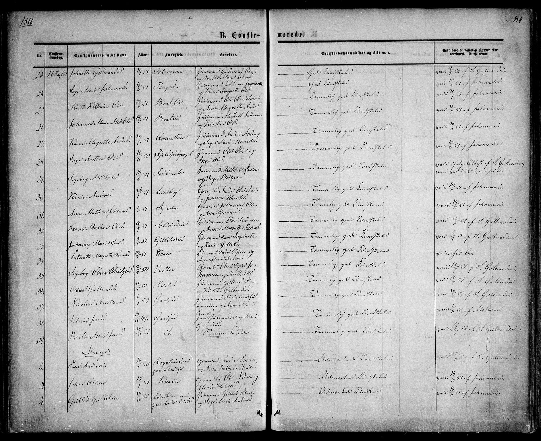 Hurdal prestekontor Kirkebøker, AV/SAO-A-10889/F/Fa/L0006: Parish register (official) no. I 6, 1860-1877, p. 84