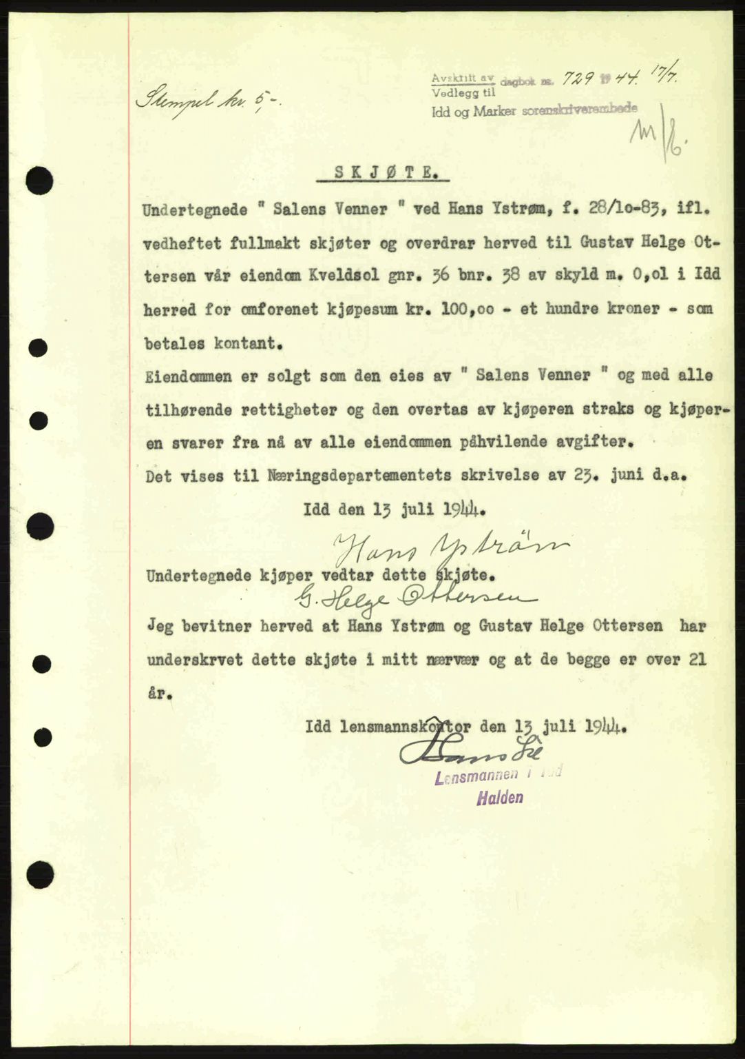 Idd og Marker sorenskriveri, AV/SAO-A-10283/G/Gb/Gbb/L0007: Mortgage book no. A7, 1944-1945, Diary no: : 729/1944