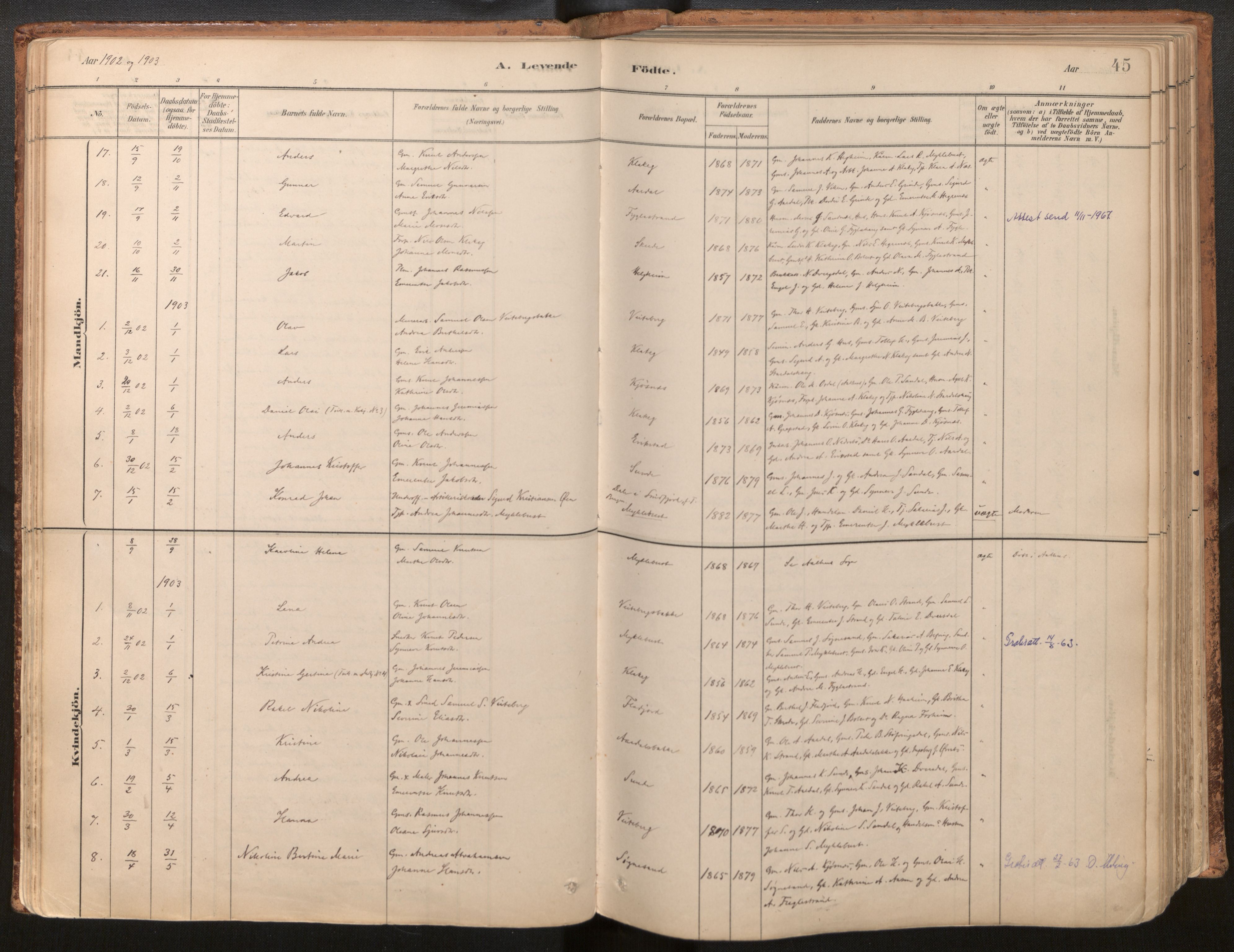 Jølster sokneprestembete, SAB/A-80701/H/Haa/Haac/L0001: Parish register (official) no. C 1, 1882-1928, p. 45
