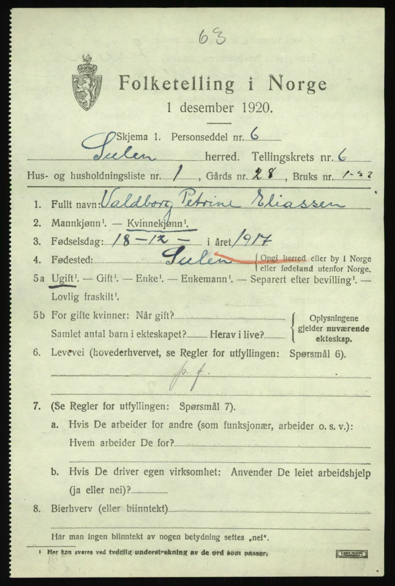 SAB, 1920 census for Solund, 1920, p. 2446