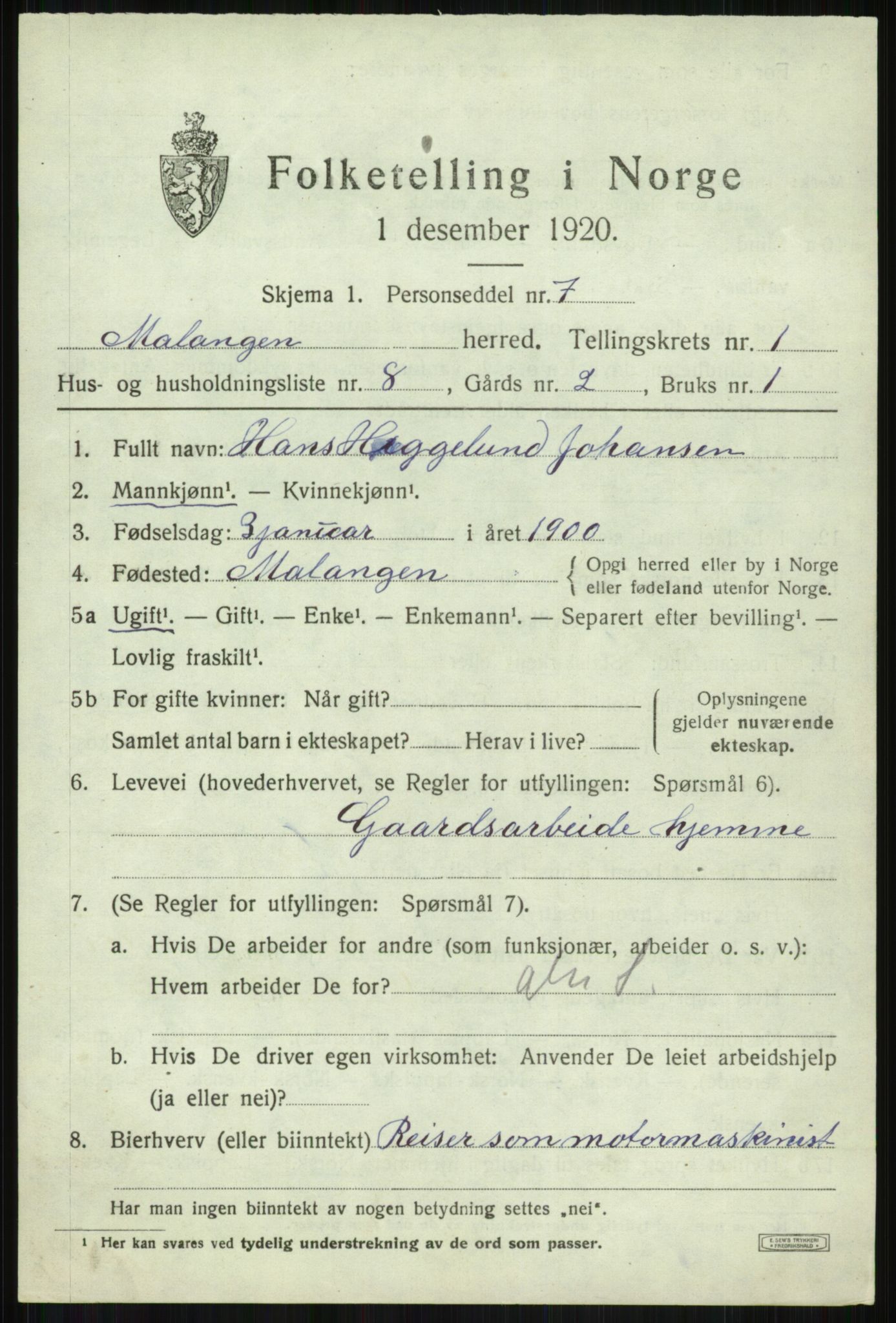 SATØ, 1920 census for Malangen, 1920, p. 794