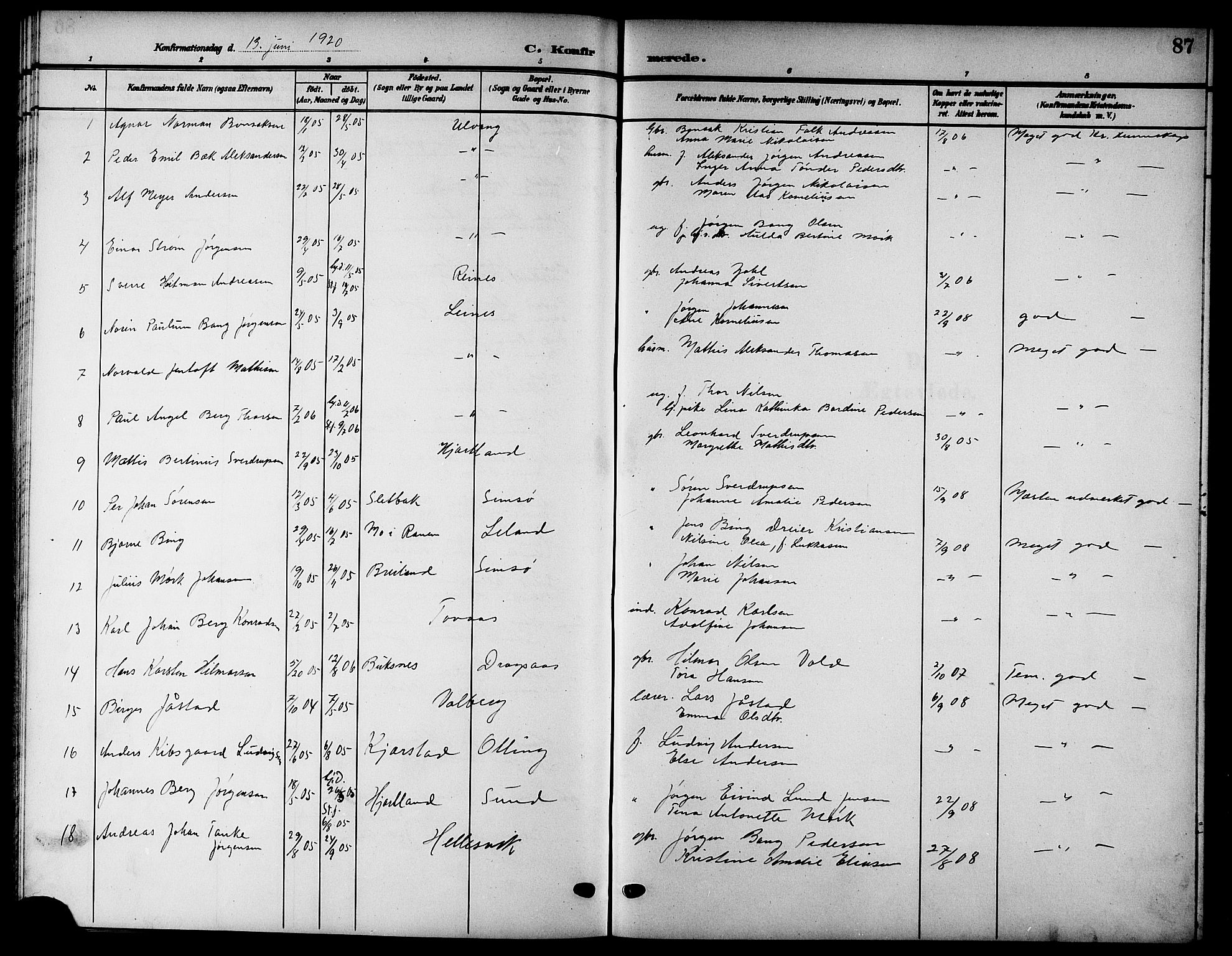 Ministerialprotokoller, klokkerbøker og fødselsregistre - Nordland, SAT/A-1459/832/L0494: Parish register (copy) no. 832C01, 1906-1922, p. 87