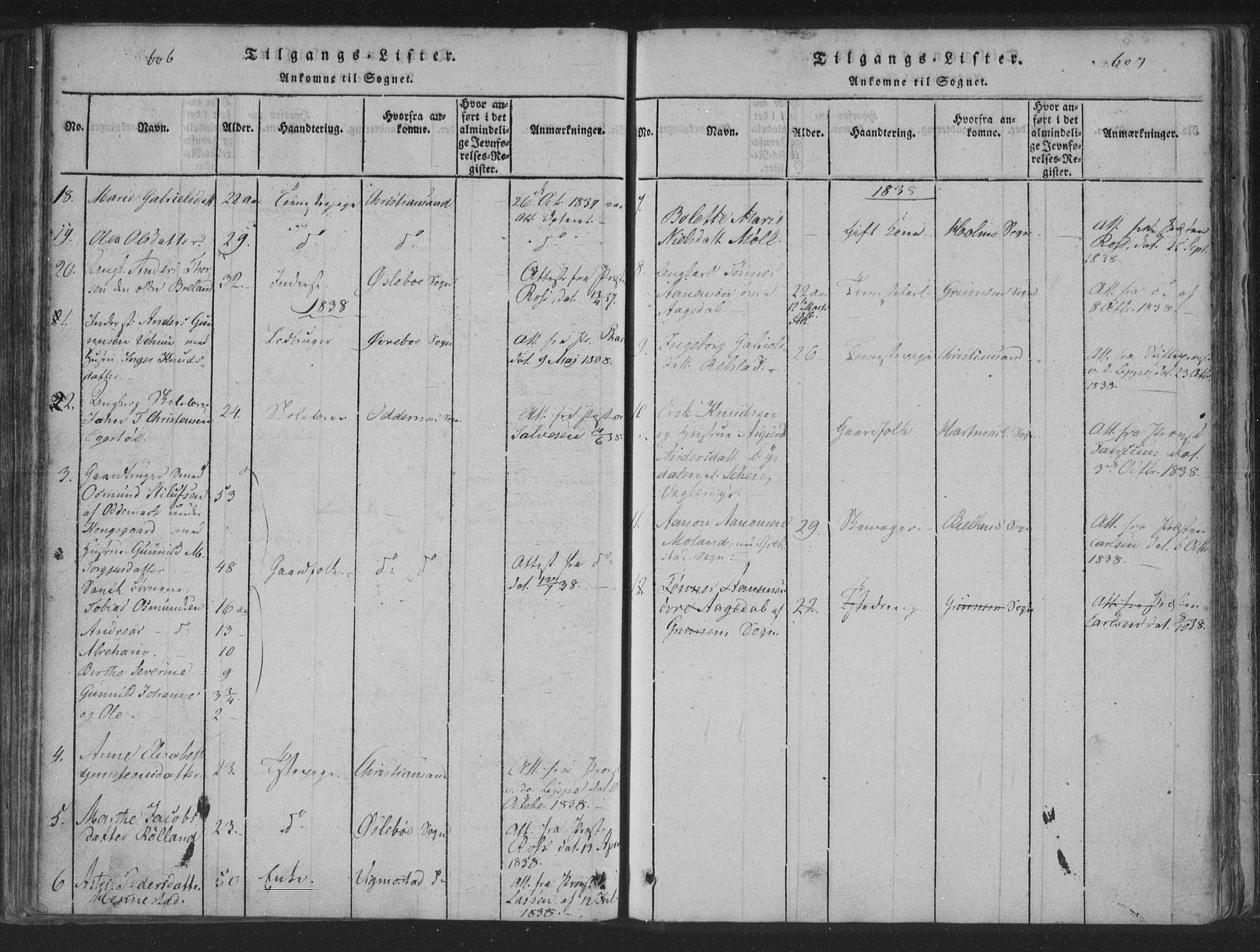 Søgne sokneprestkontor, SAK/1111-0037/F/Fa/Fab/L0008: Parish register (official) no. A 8, 1821-1838, p. 606-607