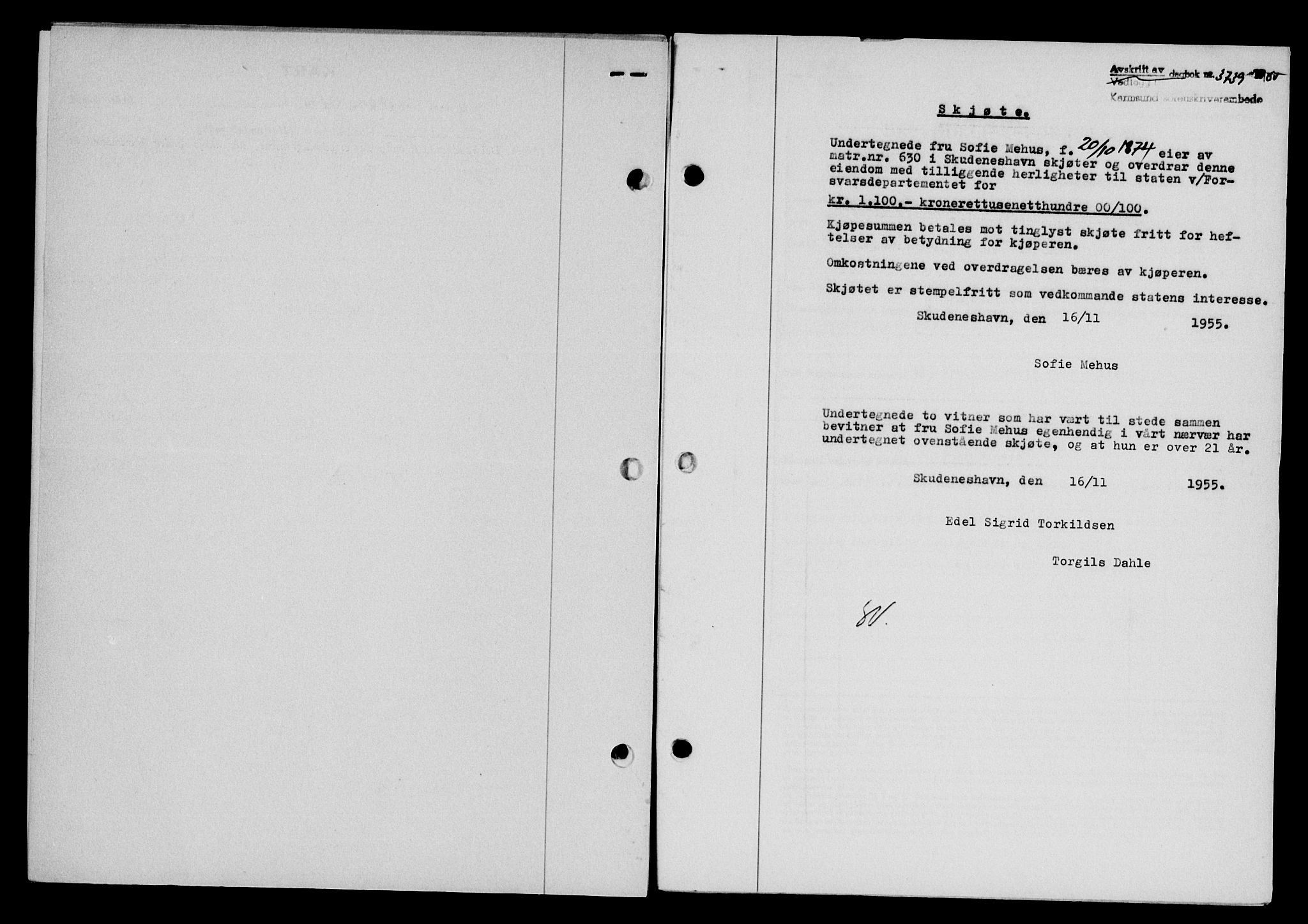 Karmsund sorenskriveri, SAST/A-100311/01/II/IIB/L0117: Mortgage book no. 97Aa, 1955-1955, Diary no: : 3739/1955