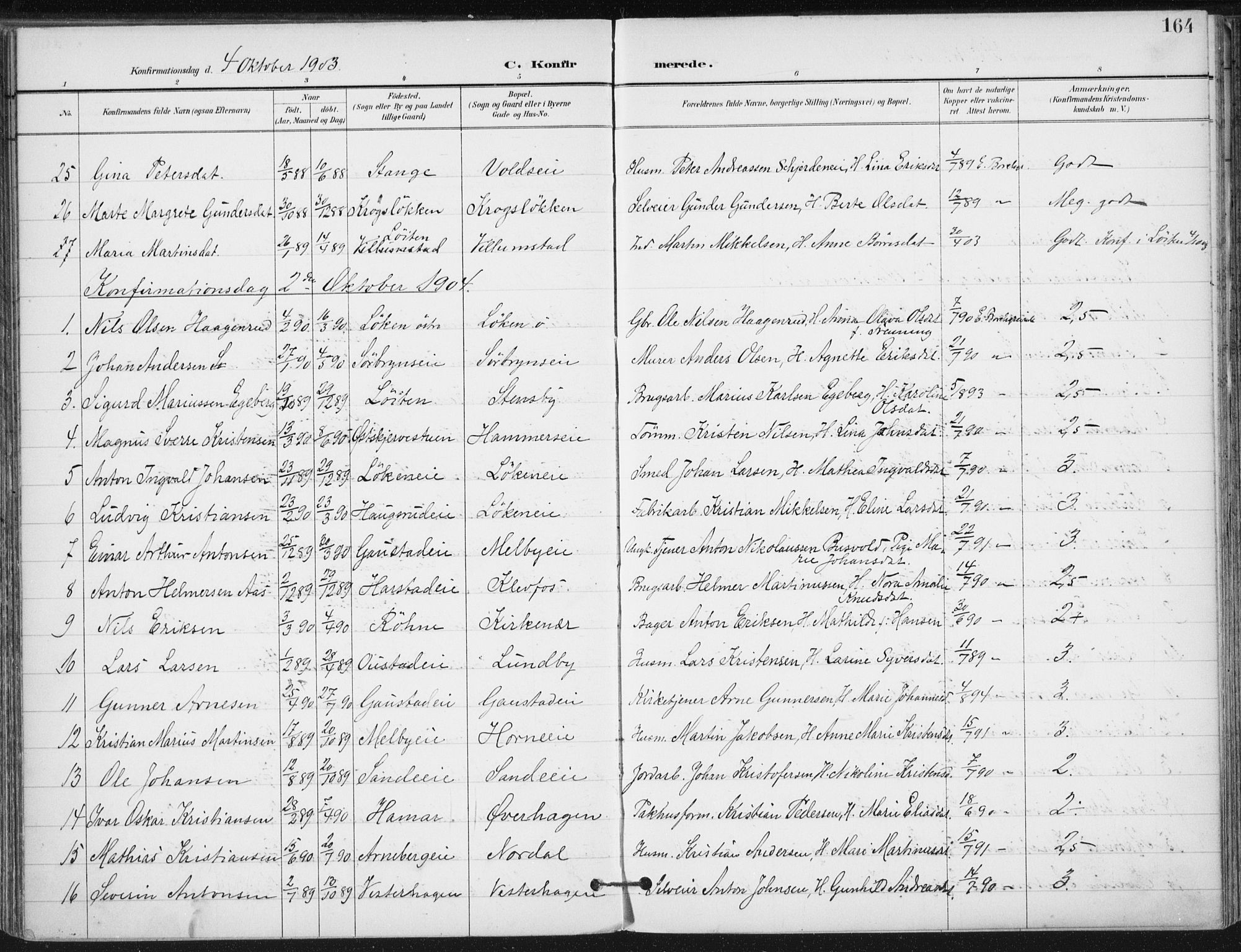 Romedal prestekontor, SAH/PREST-004/K/L0011: Parish register (official) no. 11, 1896-1912, p. 164