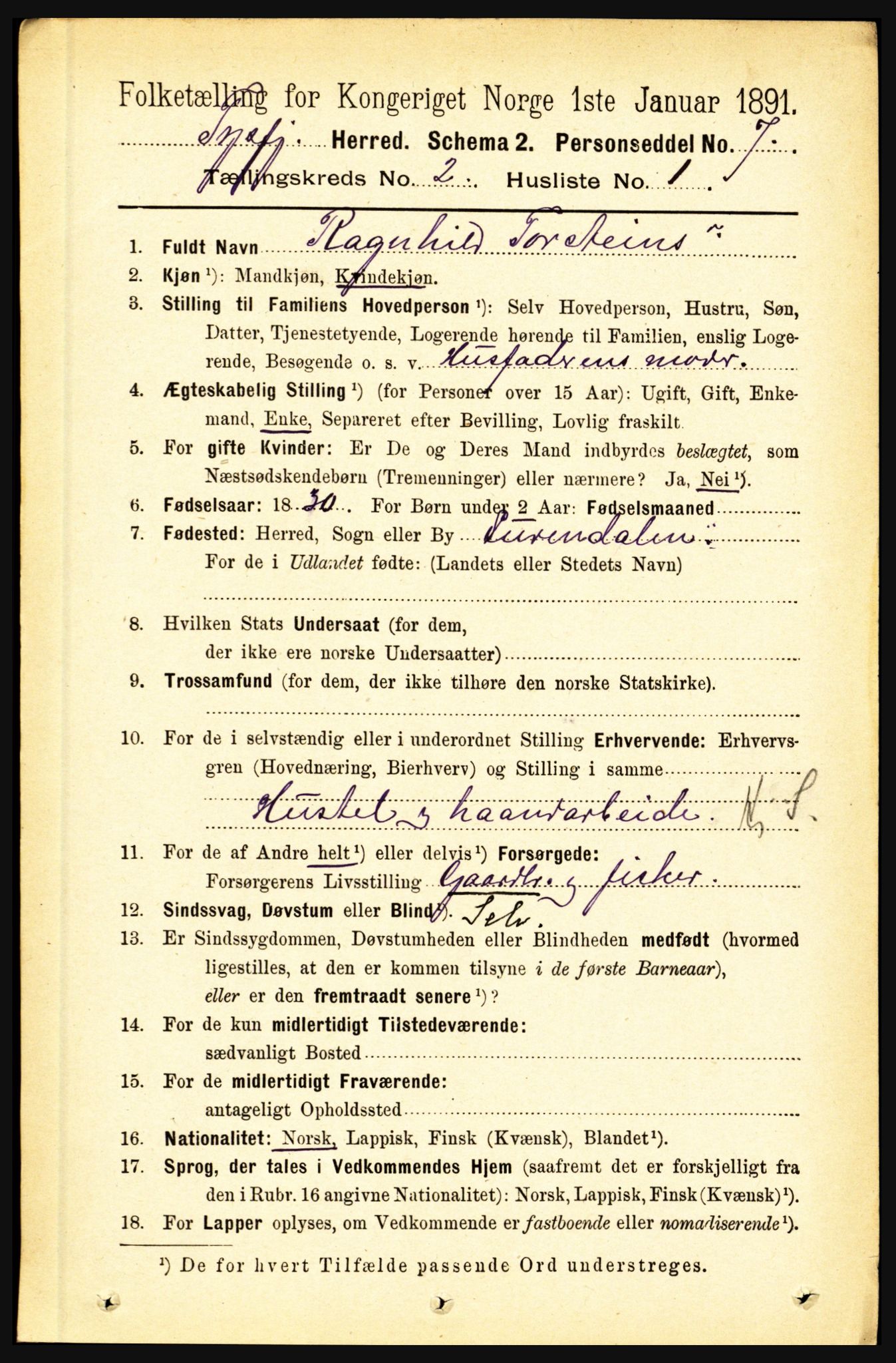 RA, 1891 census for 1850 Tysfjord, 1891, p. 565