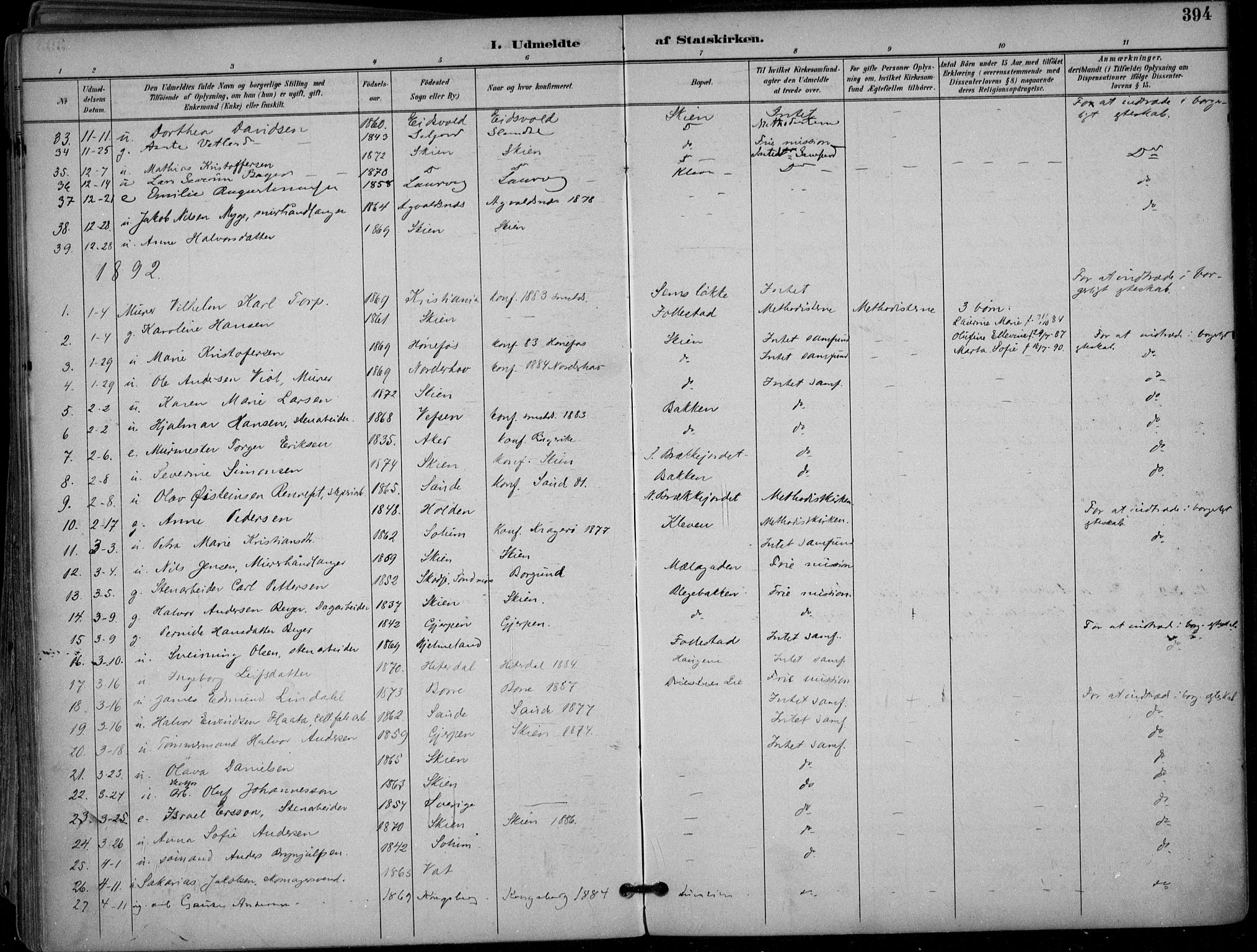 Skien kirkebøker, AV/SAKO-A-302/F/Fa/L0010: Parish register (official) no. 10, 1891-1899, p. 394