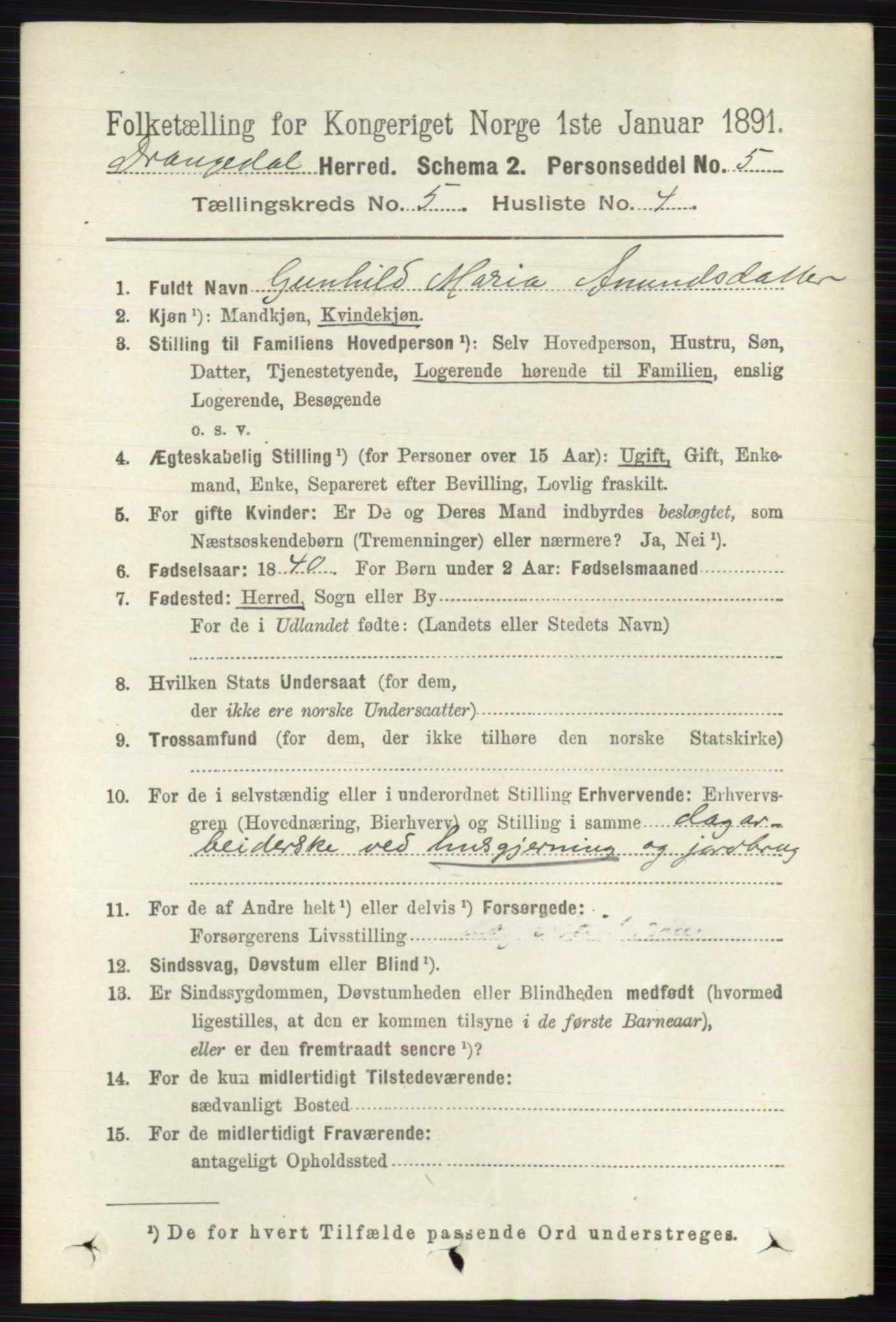 RA, 1891 census for 0817 Drangedal, 1891, p. 1695