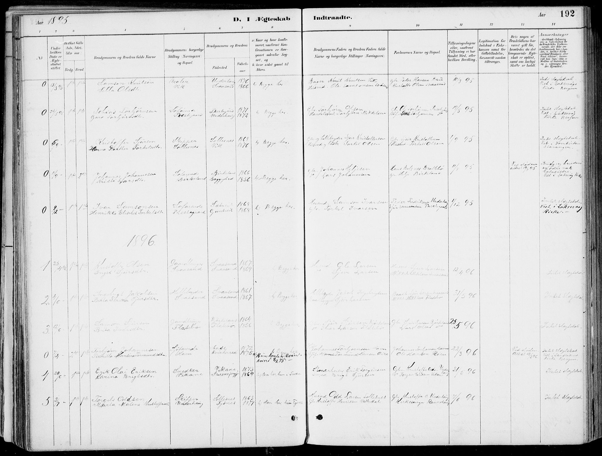 Strandebarm sokneprestembete, SAB/A-78401/H/Haa: Parish register (official) no. E  1, 1886-1908, p. 192