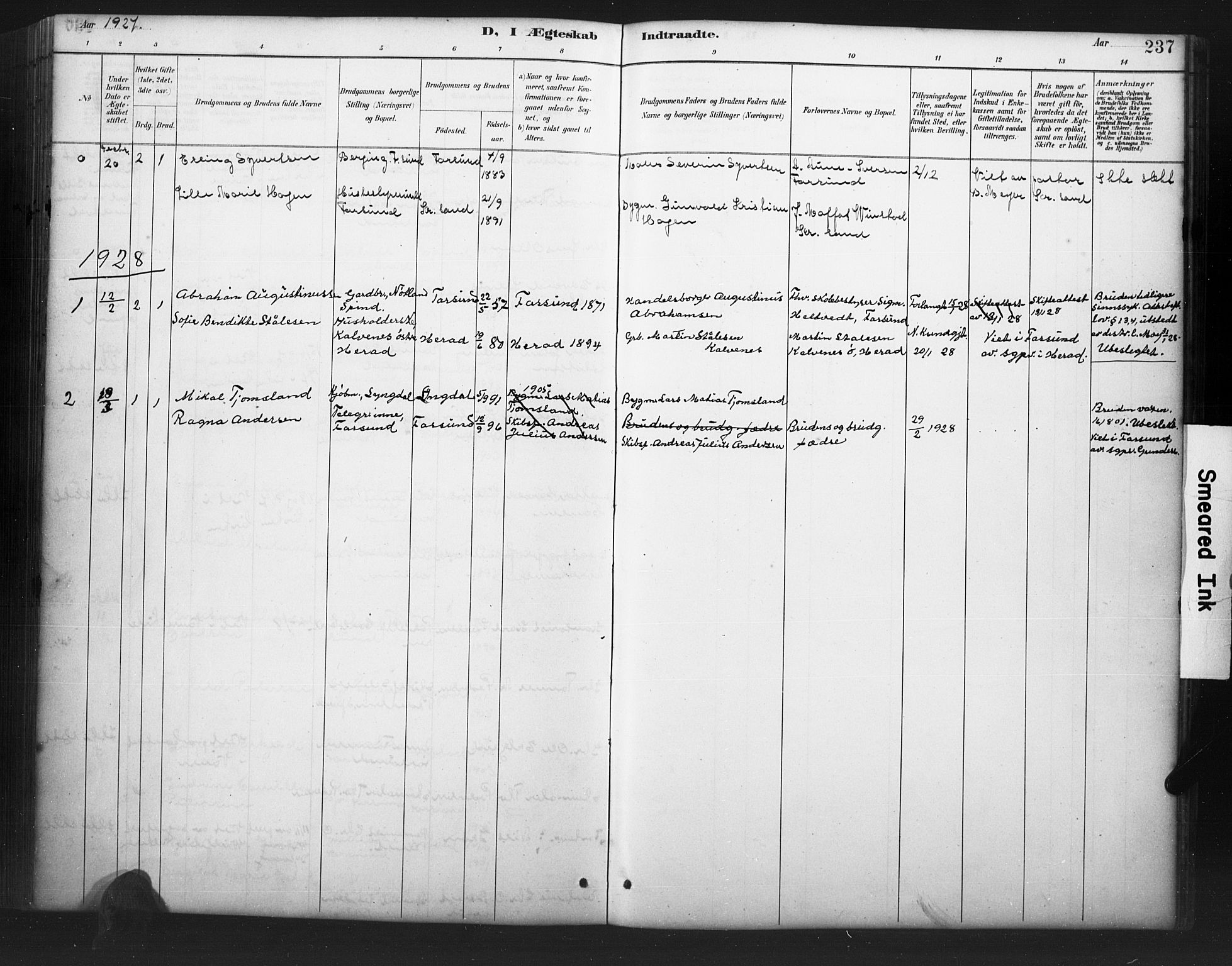 Farsund sokneprestkontor, AV/SAK-1111-0009/F/Fb/L0001: Parish register (copy) no. B 1, 1886-1931, p. 237