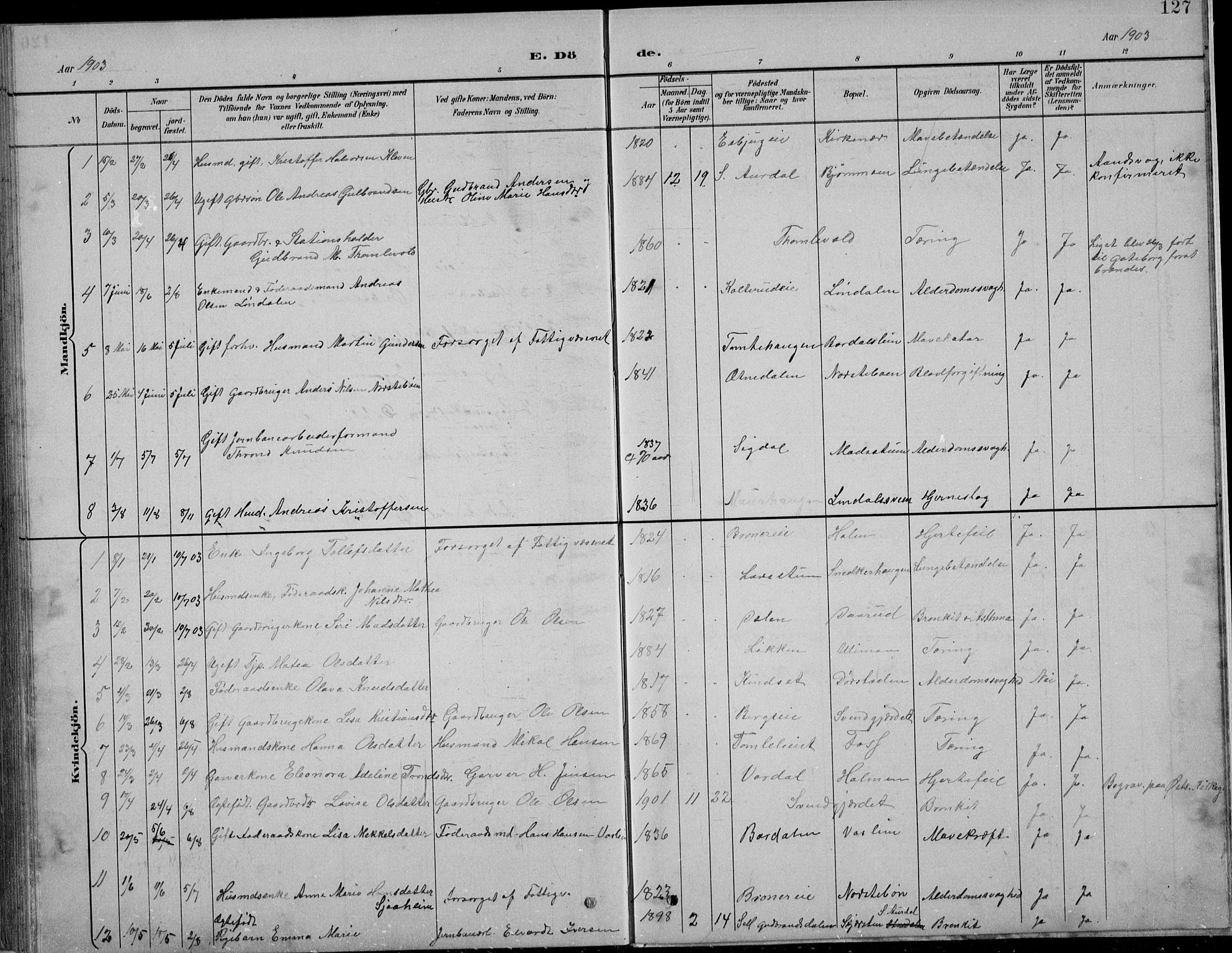 Nordre Land prestekontor, AV/SAH-PREST-124/H/Ha/Hab/L0013: Parish register (copy) no. 13, 1891-1904, p. 127