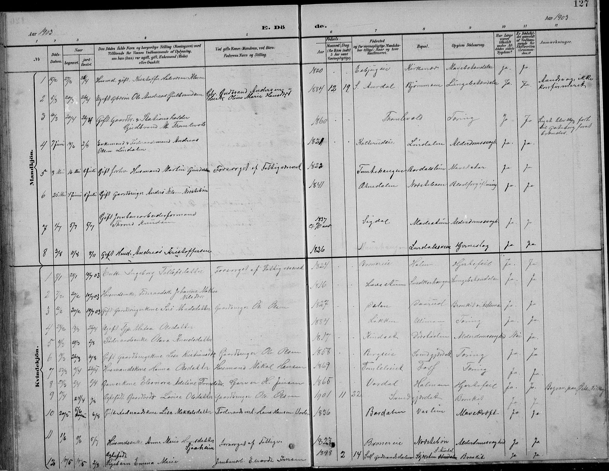 Nordre Land prestekontor, SAH/PREST-124/H/Ha/Hab/L0013: Parish register (copy) no. 13, 1891-1904, p. 127