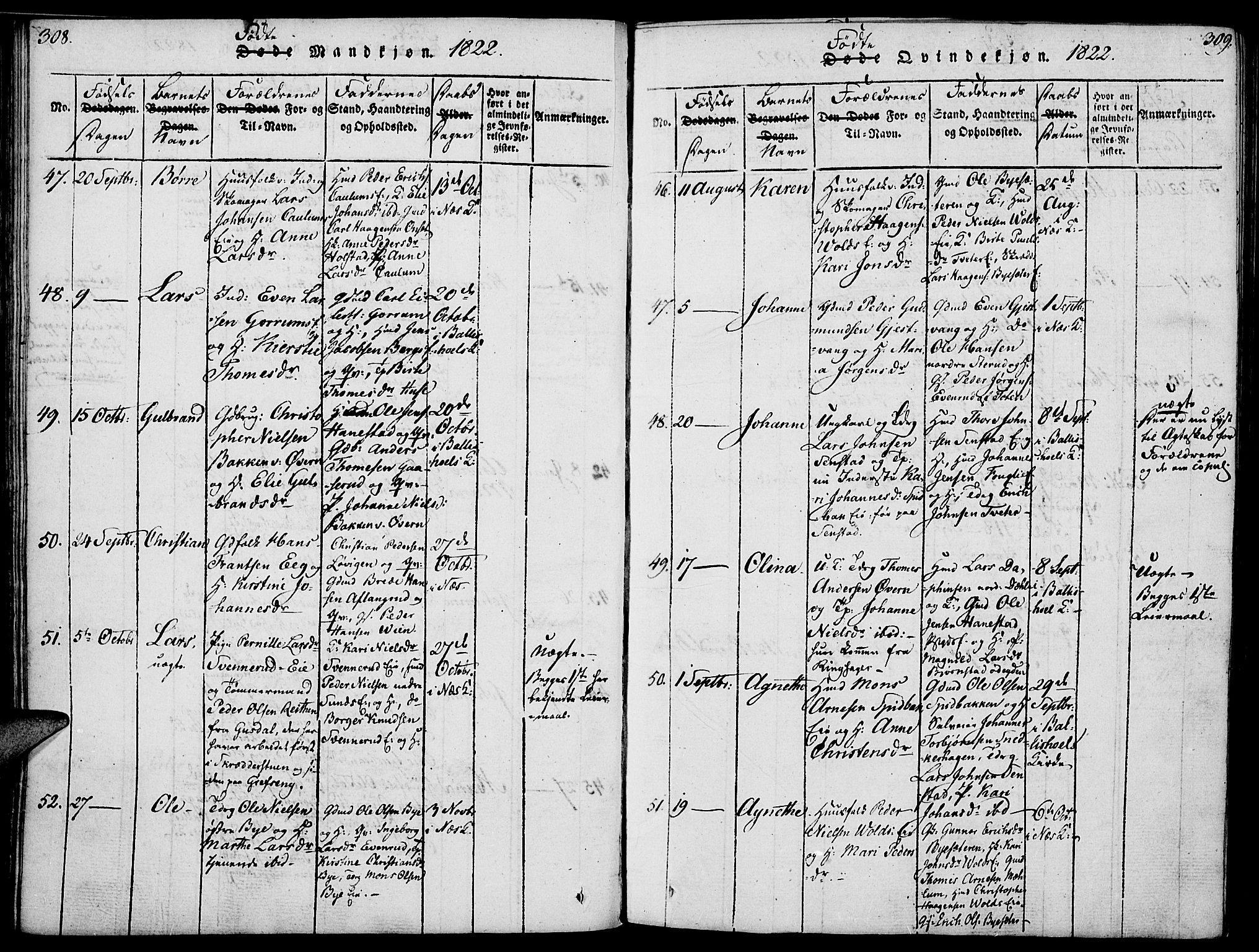 Nes prestekontor, Hedmark, AV/SAH-PREST-020/K/Ka/L0002: Parish register (official) no. 2, 1813-1827, p. 308-309