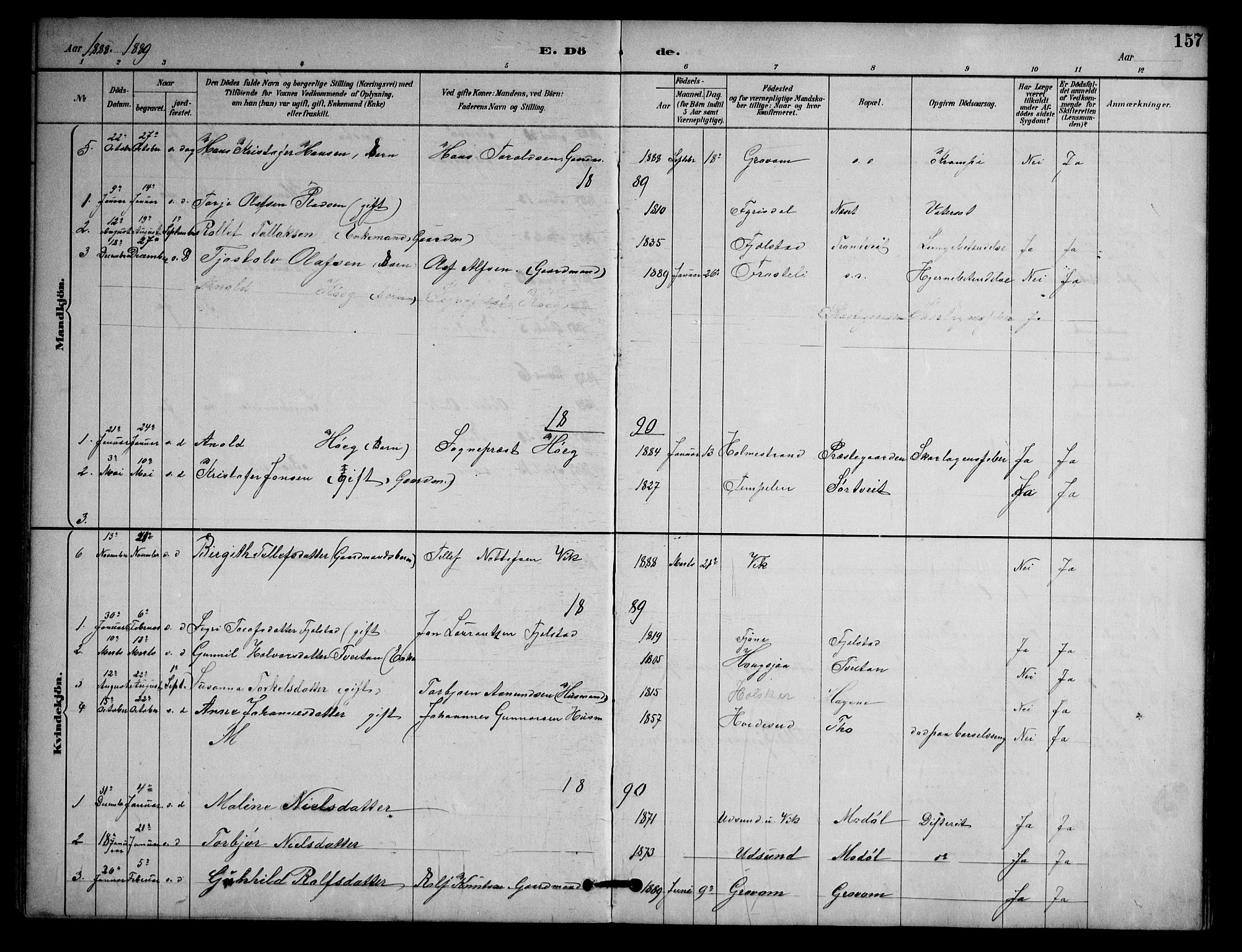 Nissedal kirkebøker, SAKO/A-288/G/Ga/L0003: Parish register (copy) no. I 3, 1887-1911, p. 157