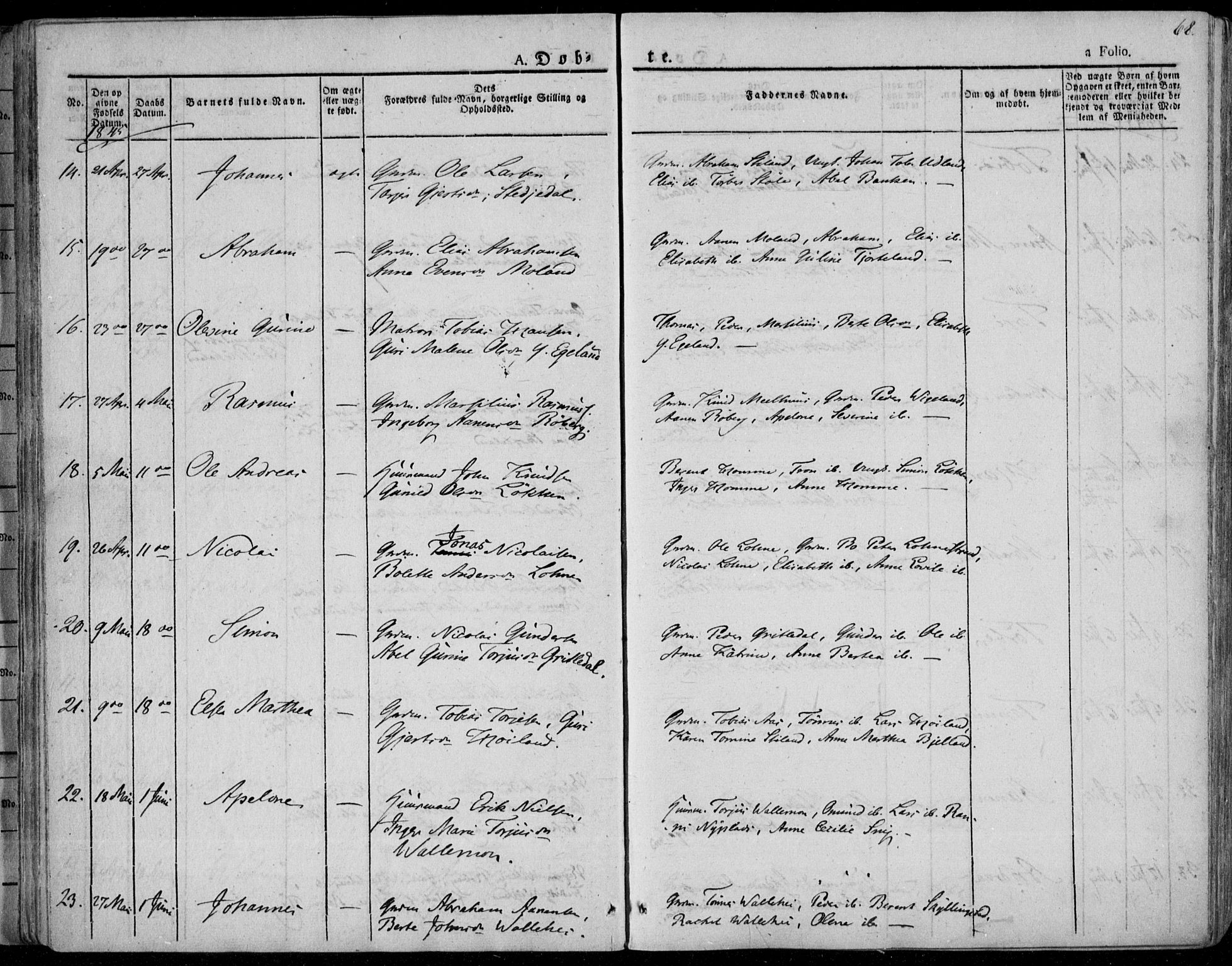 Sør-Audnedal sokneprestkontor, AV/SAK-1111-0039/F/Fa/Fab/L0006: Parish register (official) no. A 6, 1829-1855, p. 68