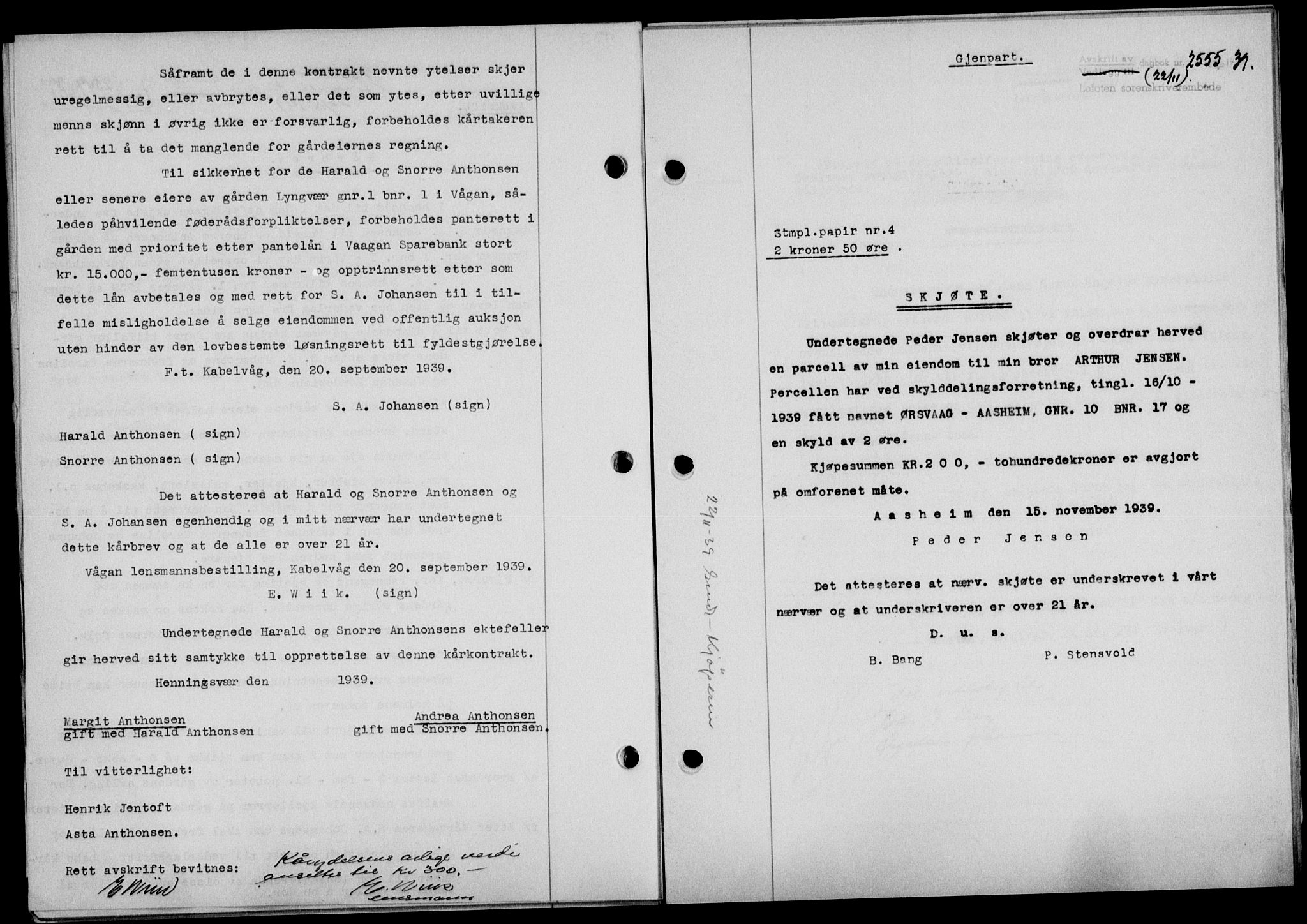 Lofoten sorenskriveri, SAT/A-0017/1/2/2C/L0006a: Mortgage book no. 6a, 1939-1939, Diary no: : 2555/1939