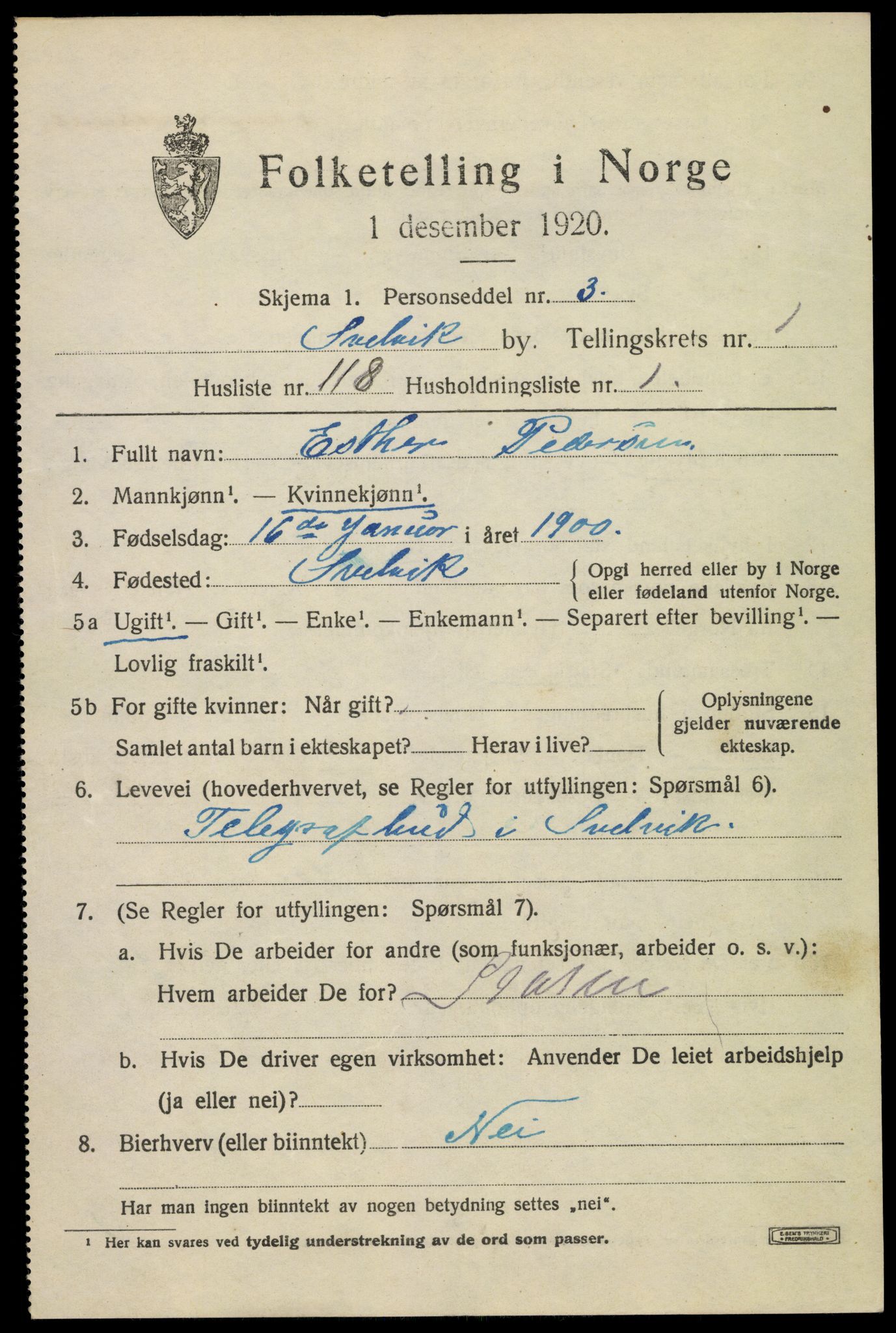 SAKO, 1920 census for Svelvik, 1920, p. 3585