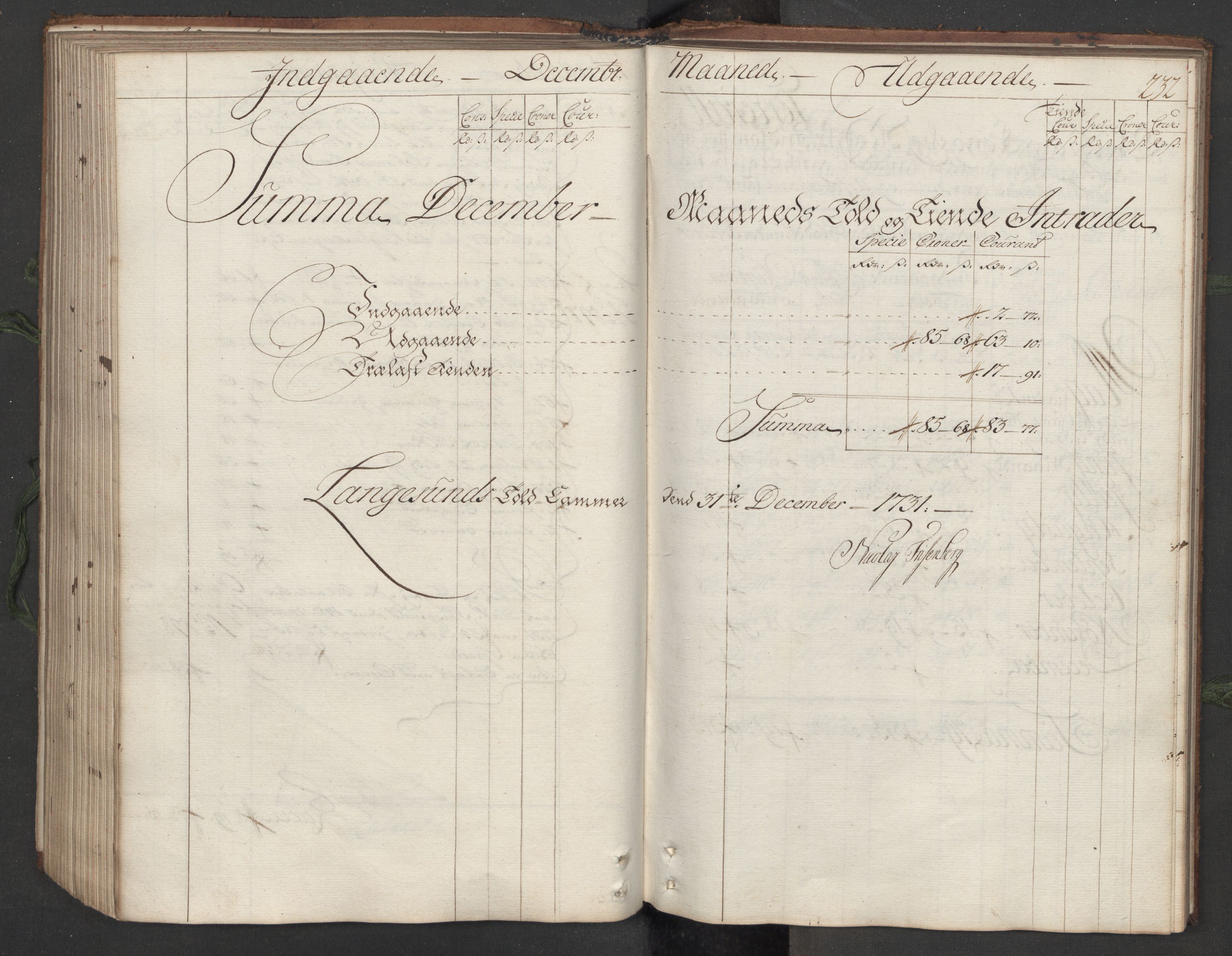 Generaltollkammeret, tollregnskaper, AV/RA-EA-5490/R12/L0007/0001: Tollregnskaper Langesund / Hovedtollbok, 1731, p. 231b-232a