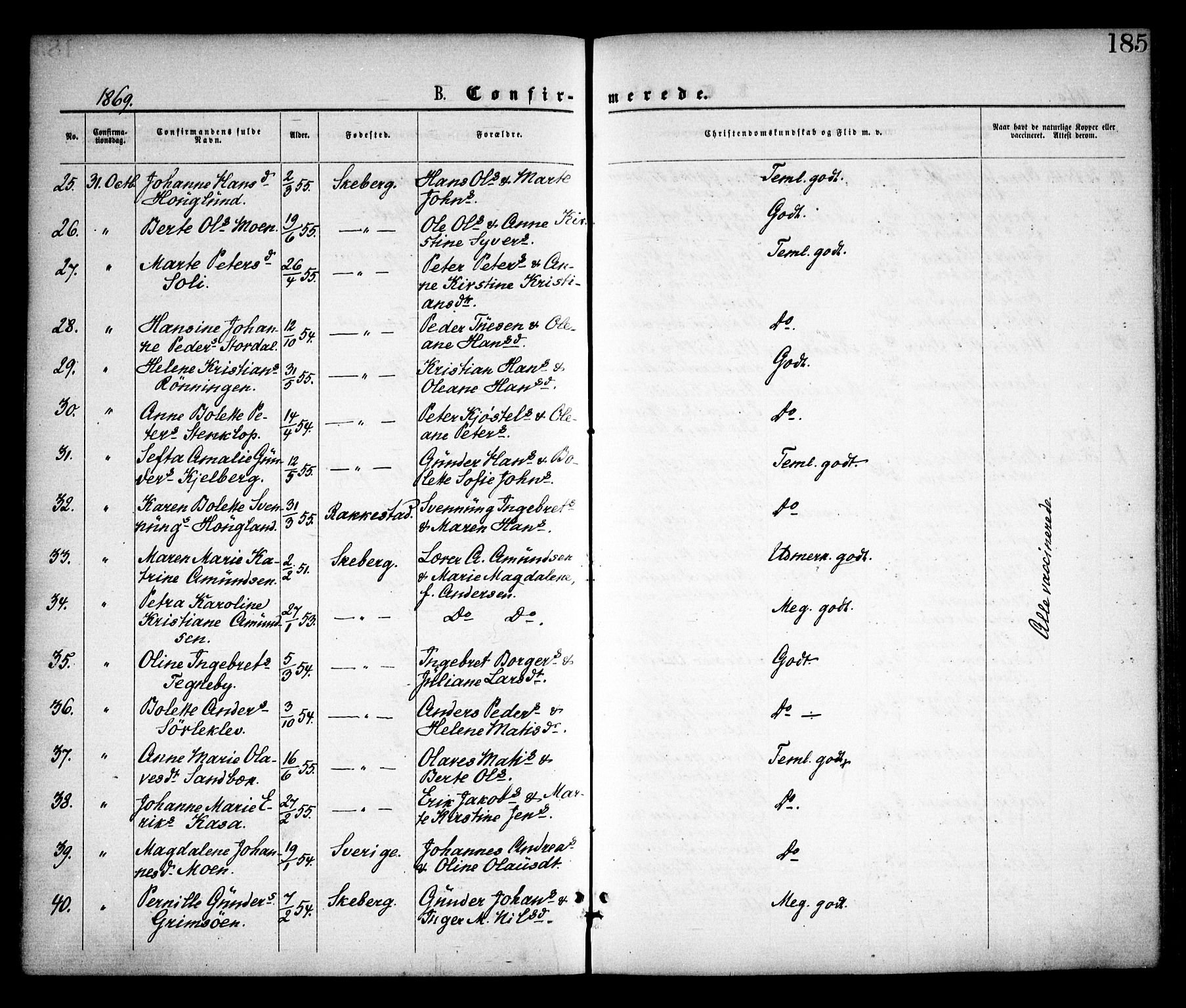 Skjeberg prestekontor Kirkebøker, SAO/A-10923/F/Fa/L0008: Parish register (official) no. I 8, 1869-1885, p. 185