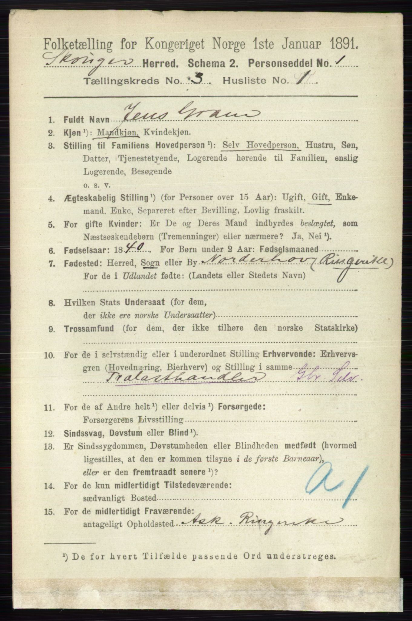 RA, 1891 census for 0712 Skoger, 1891, p. 1559