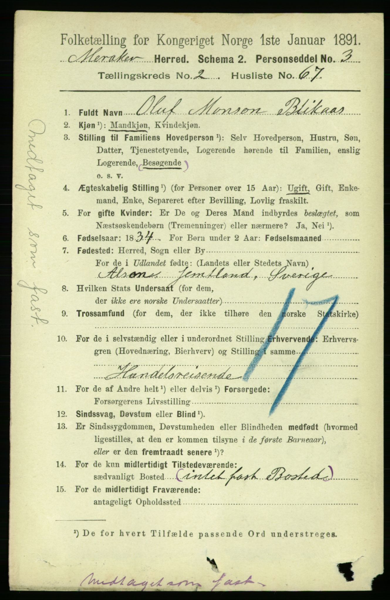 RA, 1891 census for 1711 Meråker, 1891, p. 1060