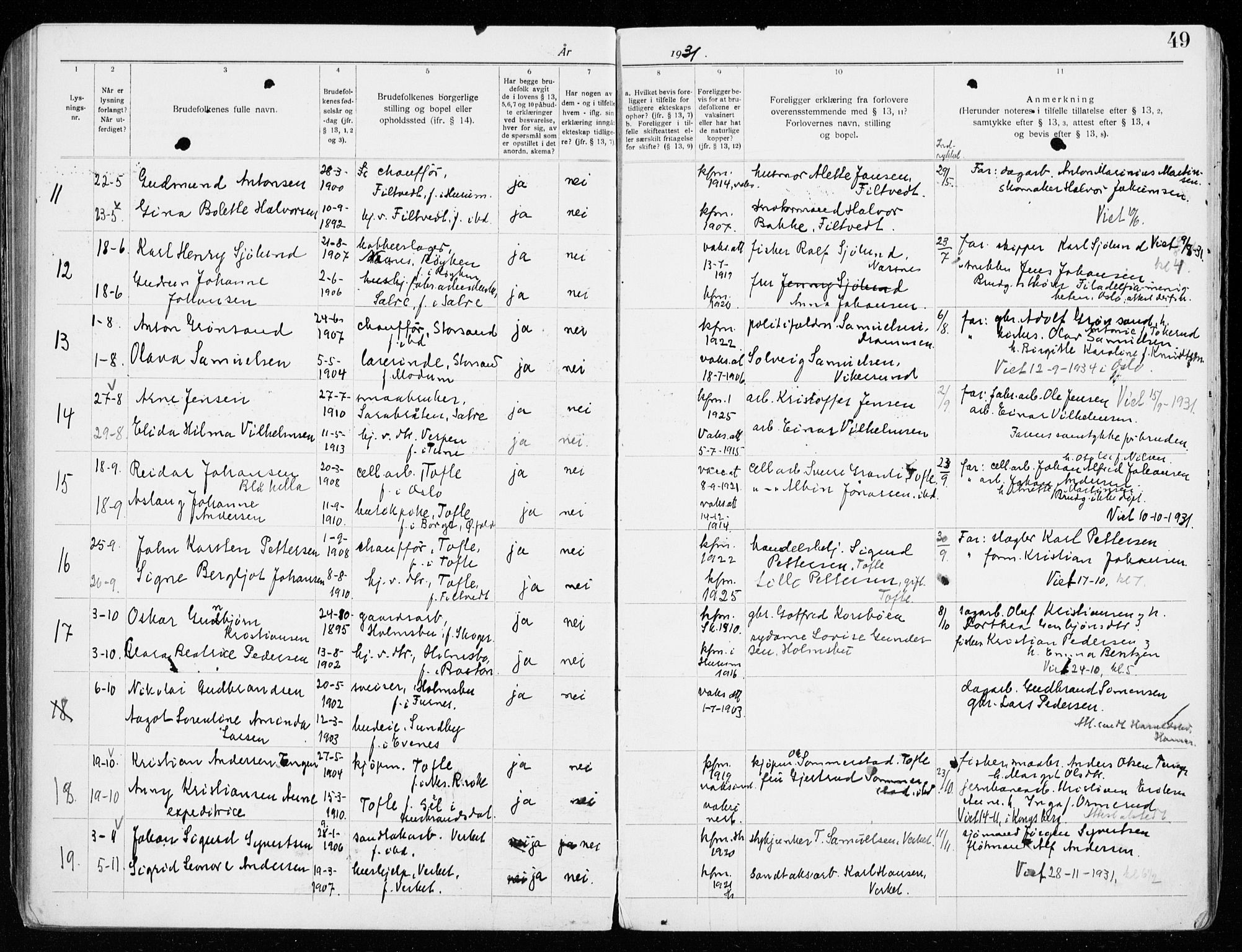 Hurum kirkebøker, AV/SAKO-A-229/H/Ha/L0001: Banns register no. 1, 1919-1941, p. 49