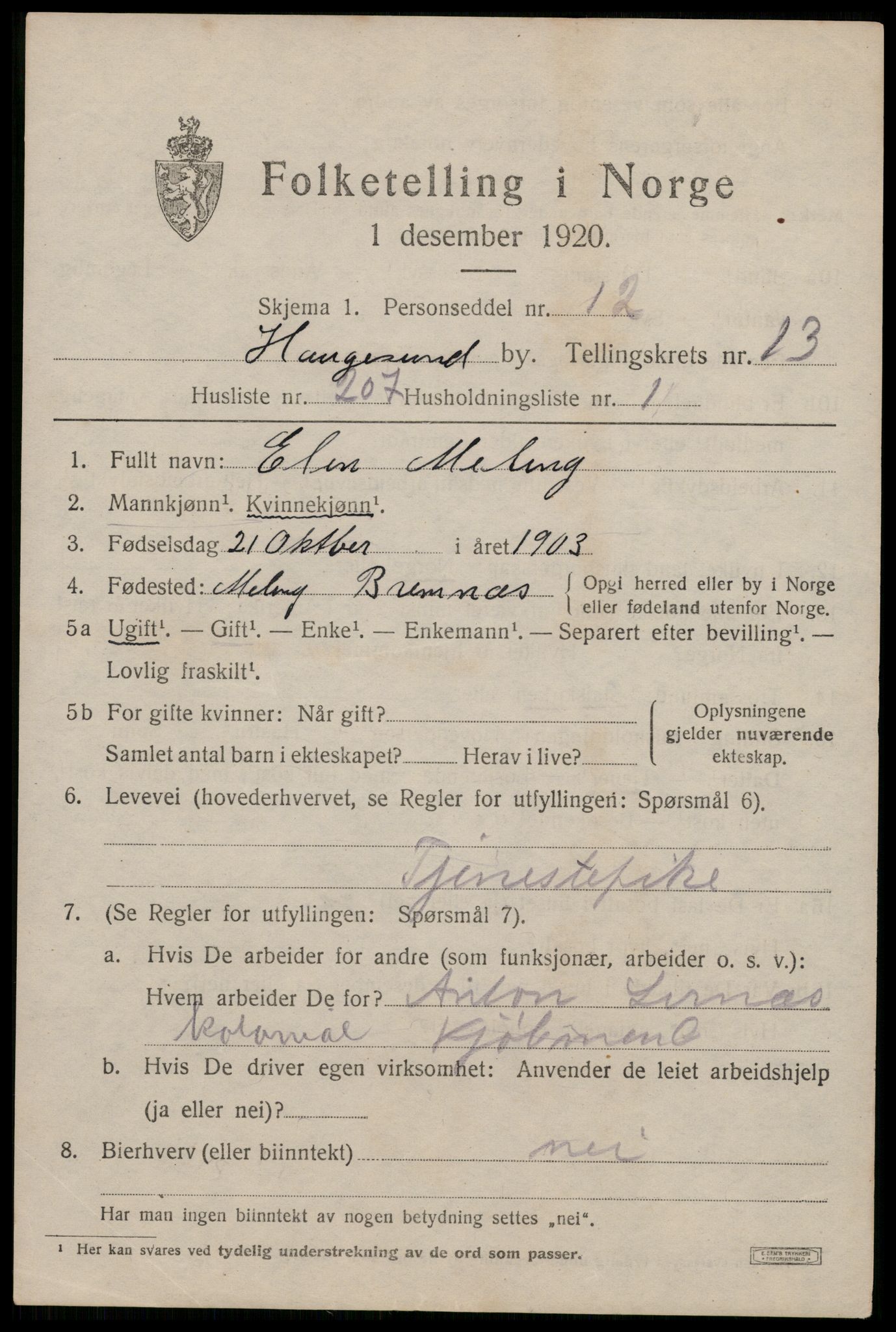 SAST, 1920 census for Haugesund, 1920, p. 45311